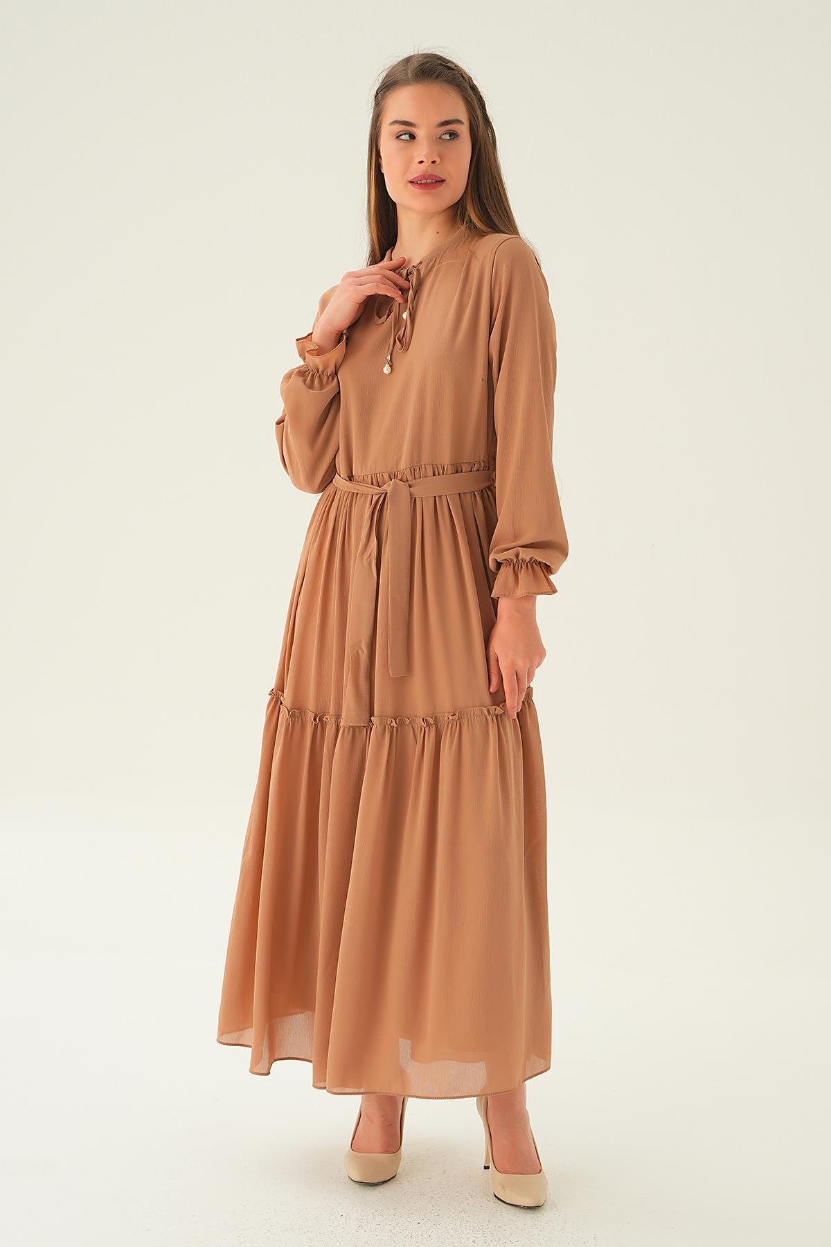 Bej Fırfırlı Uzun Elbise 2562 - 3