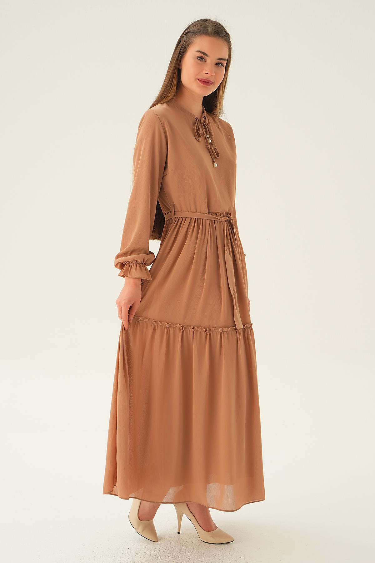Bej Fırfırlı Uzun Elbise 2562 - 4