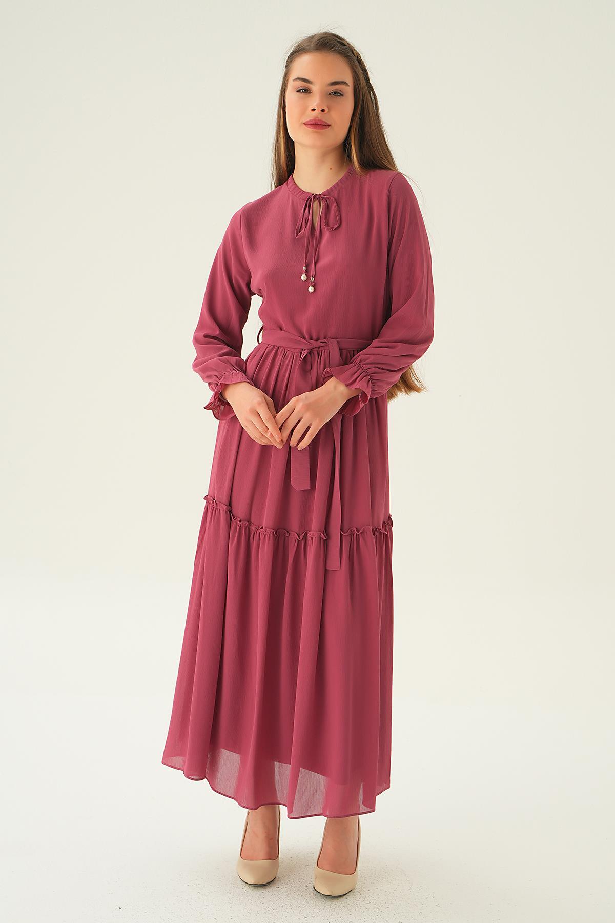 2562 Fırfırlı Uzun Elbise Gül - 1