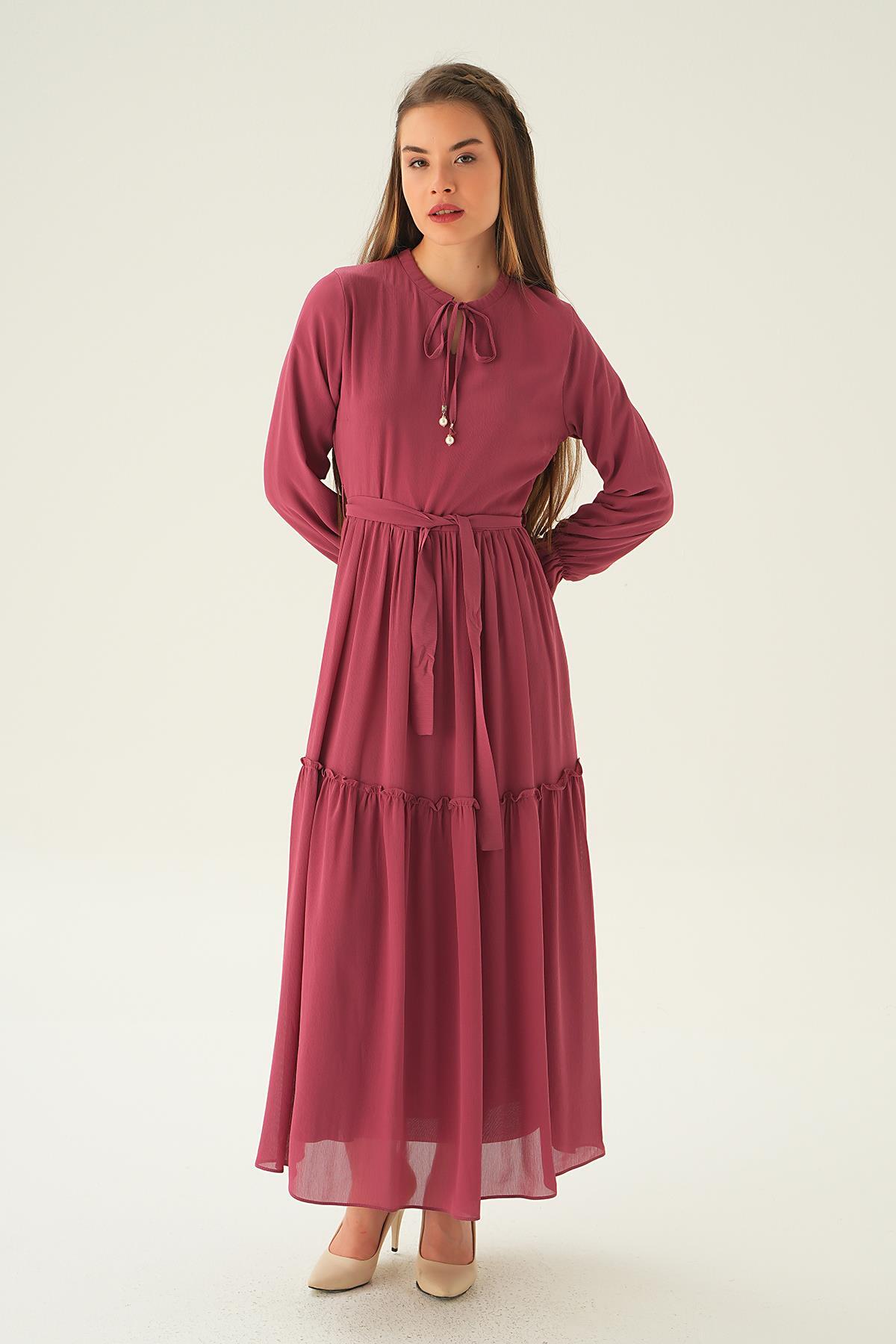 2562 Fırfırlı Uzun Elbise Gül - 3