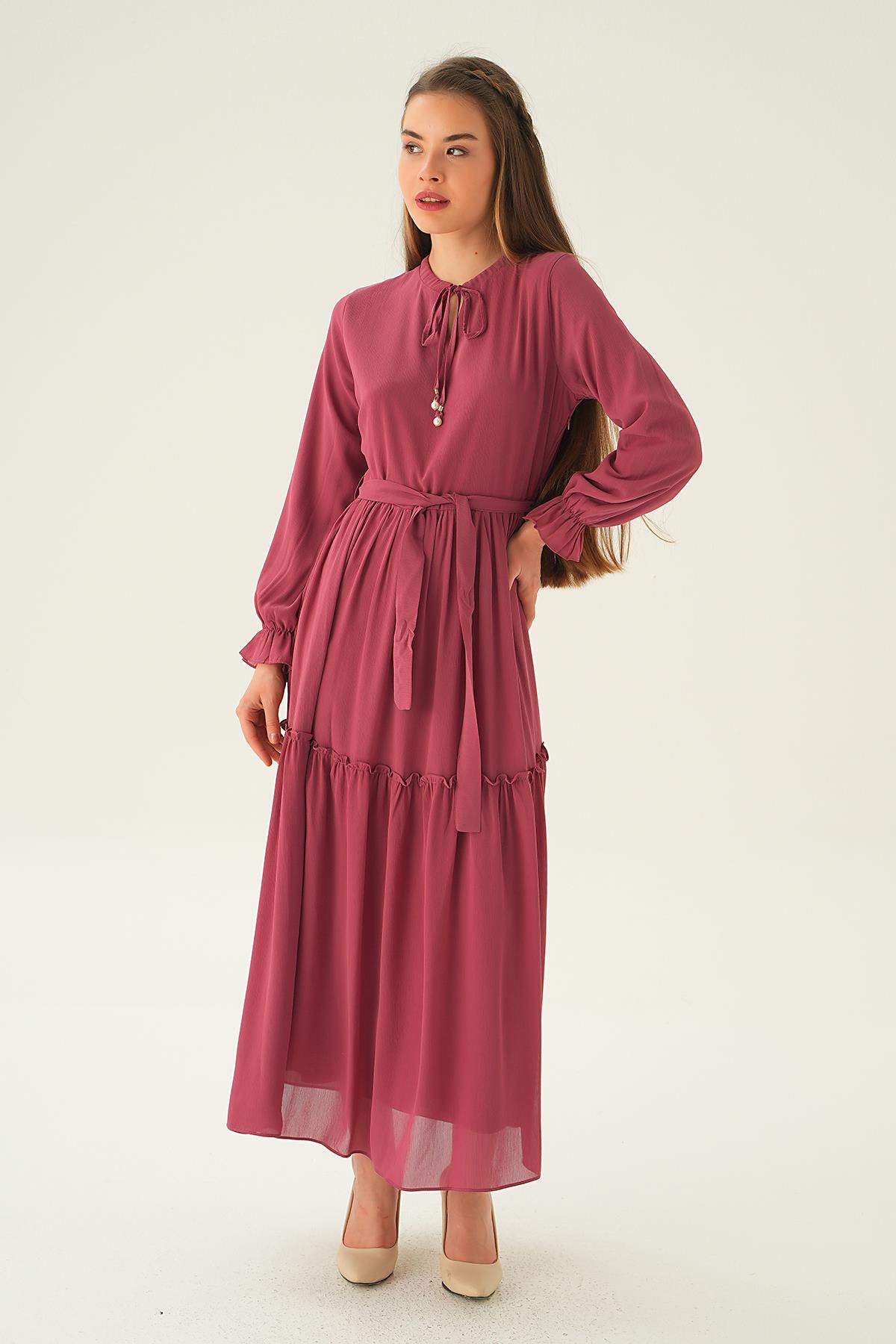 Gül Fırfırlı Uzun Elbise 2562 - 2