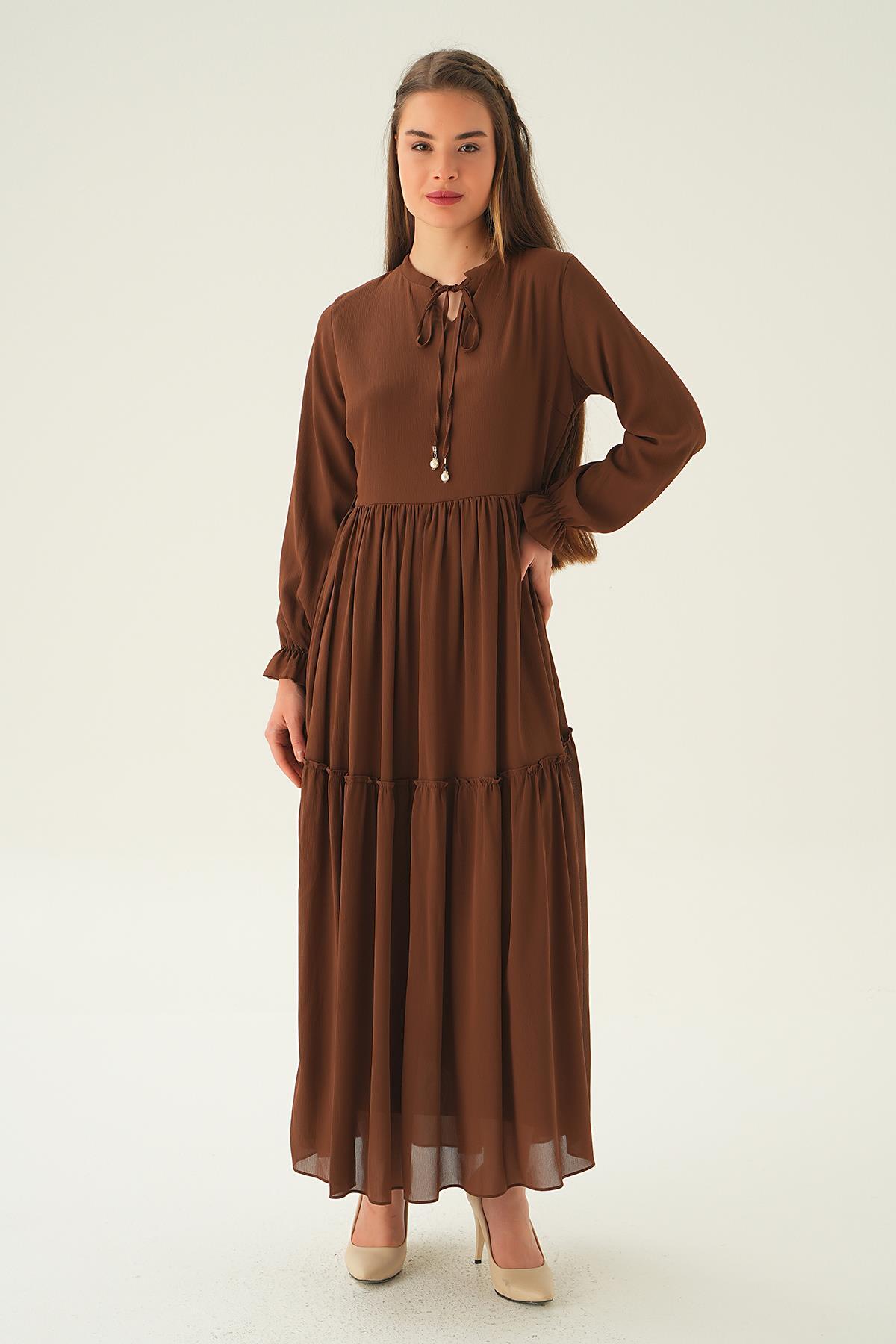 Kahve Fırfırlı Uzun Elbise 2562 - 1