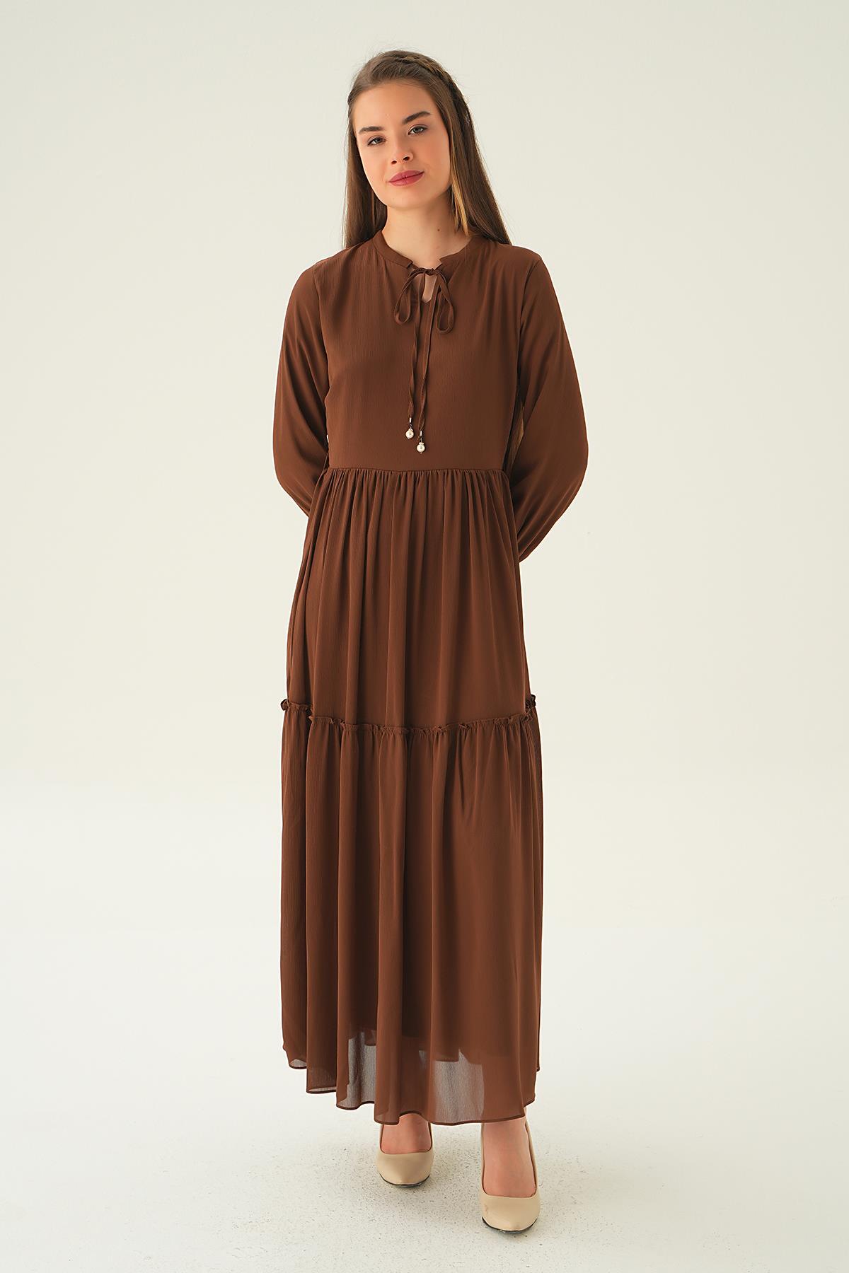 Kahve Fırfırlı Uzun Elbise 2562 - 2