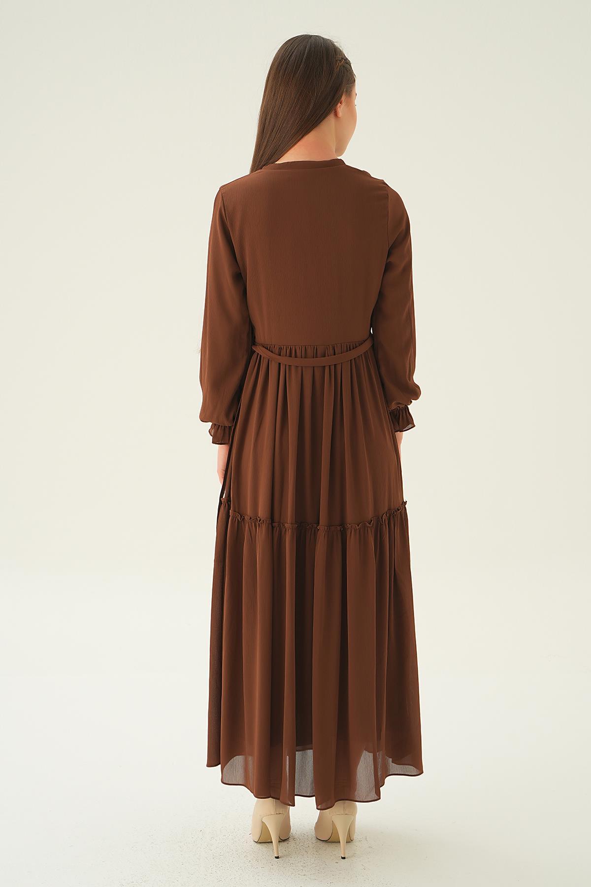 Kahve Fırfırlı Uzun Elbise 2562 - 5
