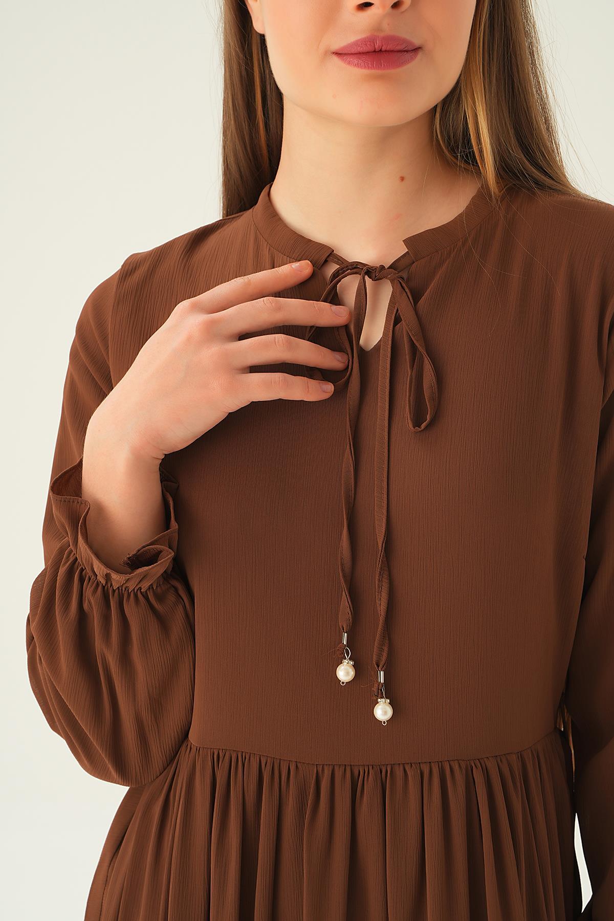 Kahve Fırfırlı Uzun Elbise 2562 - 6