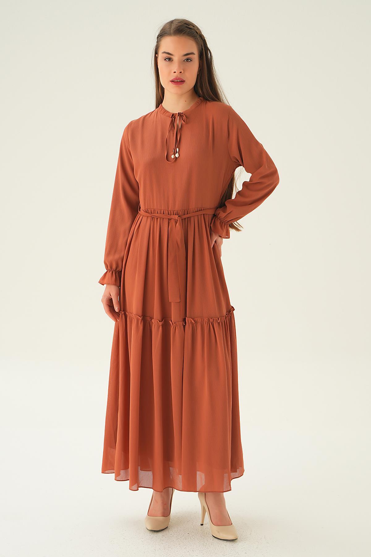 2562 Fırfırlı Uzun Elbise Kiremit - 2