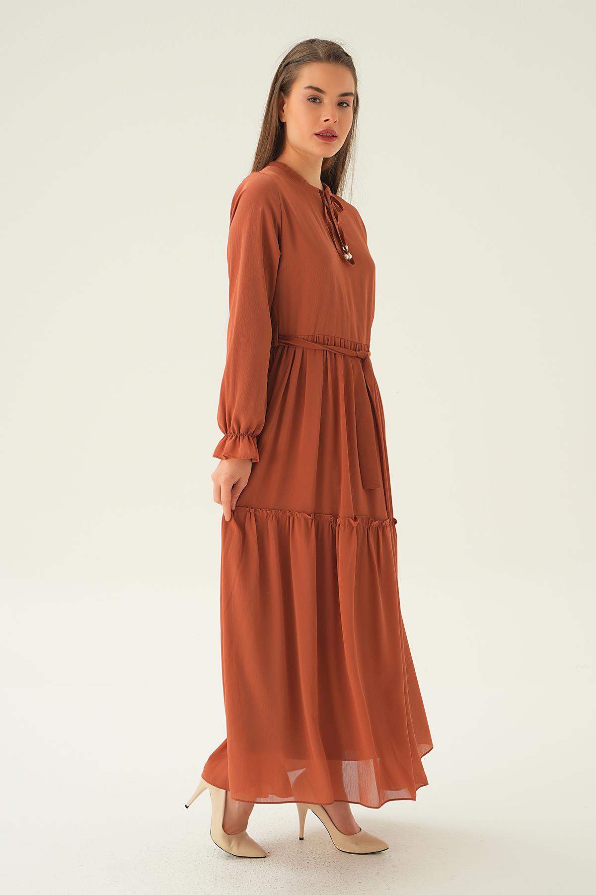 2562 Fırfırlı Uzun Elbise Kiremit - 4