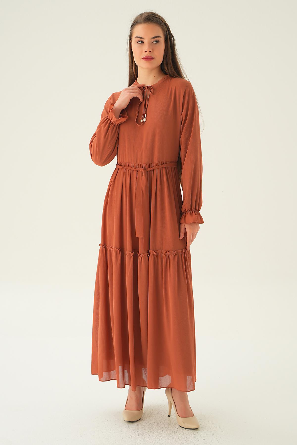 Kiremit Fırfırlı Uzun Elbise 2562 - 3