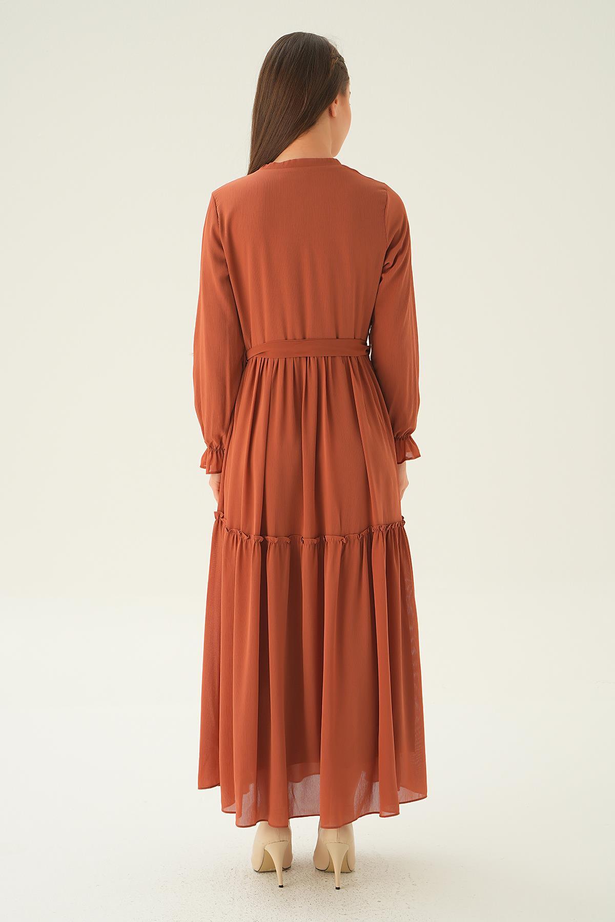 Kiremit Fırfırlı Uzun Elbise 2562 - 5