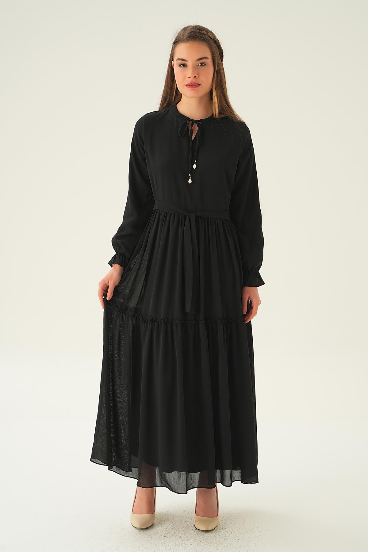 2562 Fırfırlı Uzun Elbise Siyah - 2