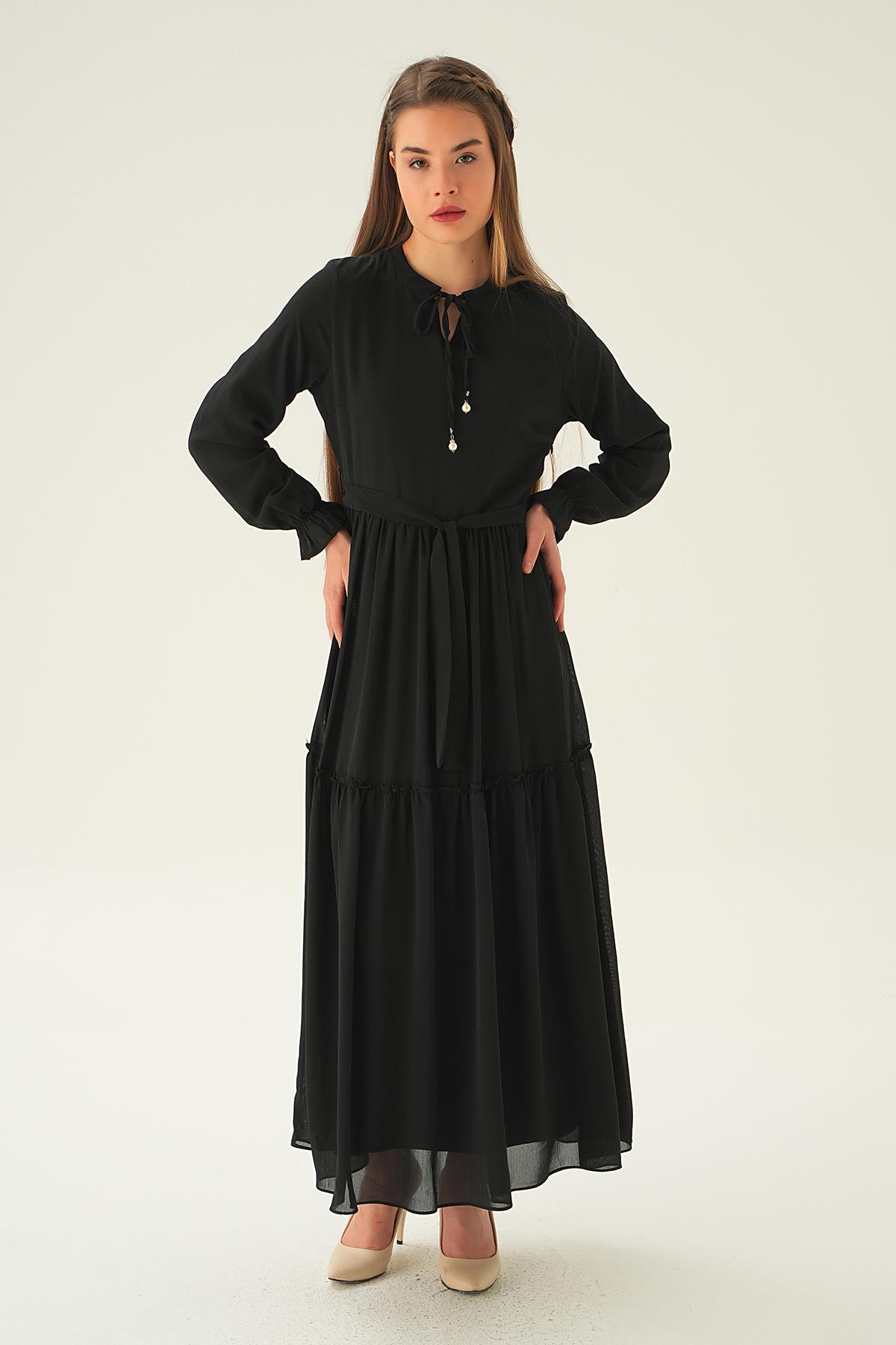 2562 Fırfırlı Uzun Elbise Siyah - 1