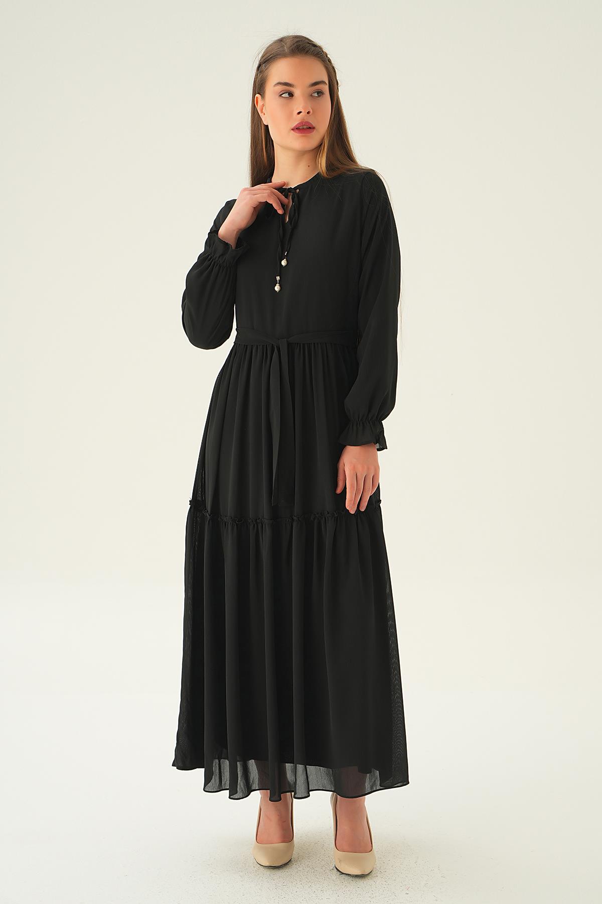 2562 Fırfırlı Uzun Elbise Siyah - 3