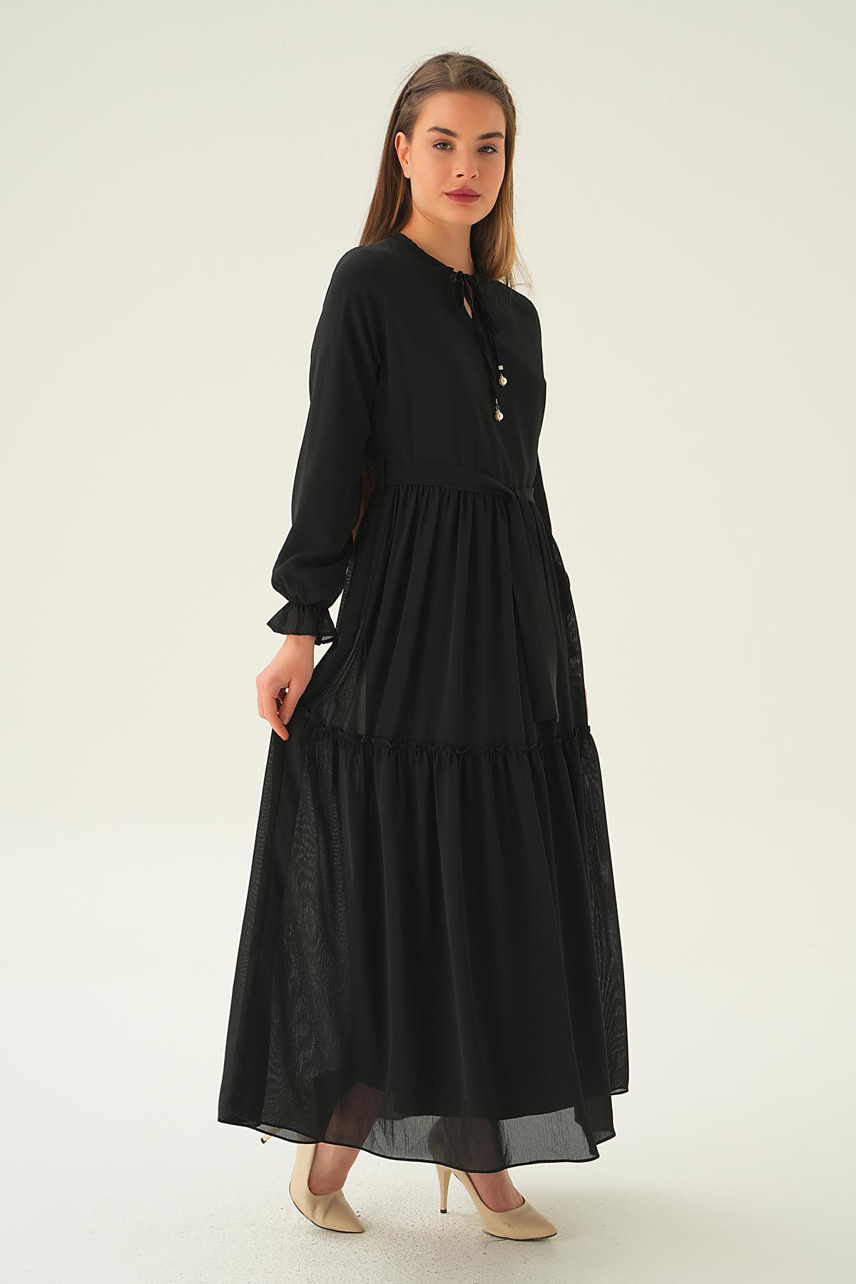 2562 Fırfırlı Uzun Elbise Siyah - 4