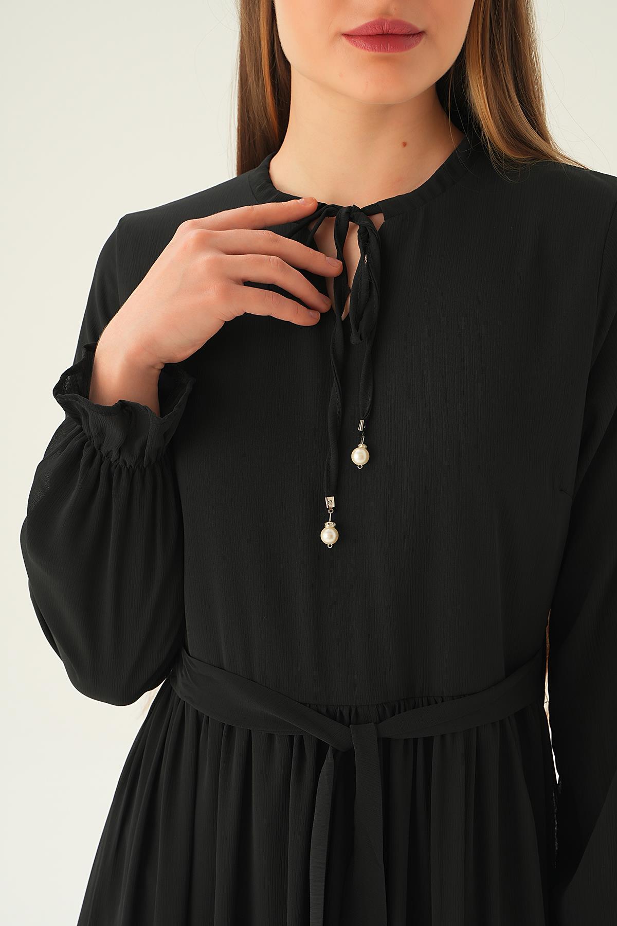 2562 Fırfırlı Uzun Elbise Siyah - 6