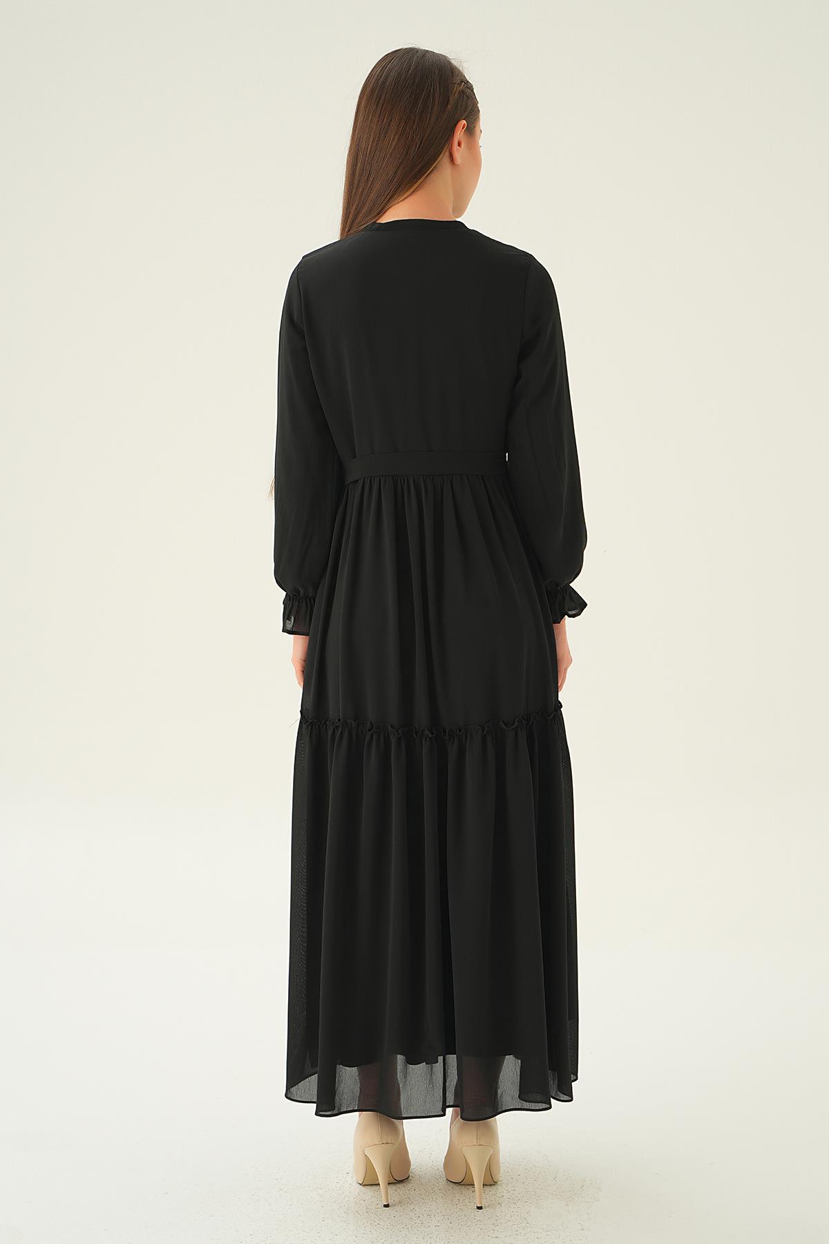 Siyah Fırfırlı Uzun Elbise 2562 - 5