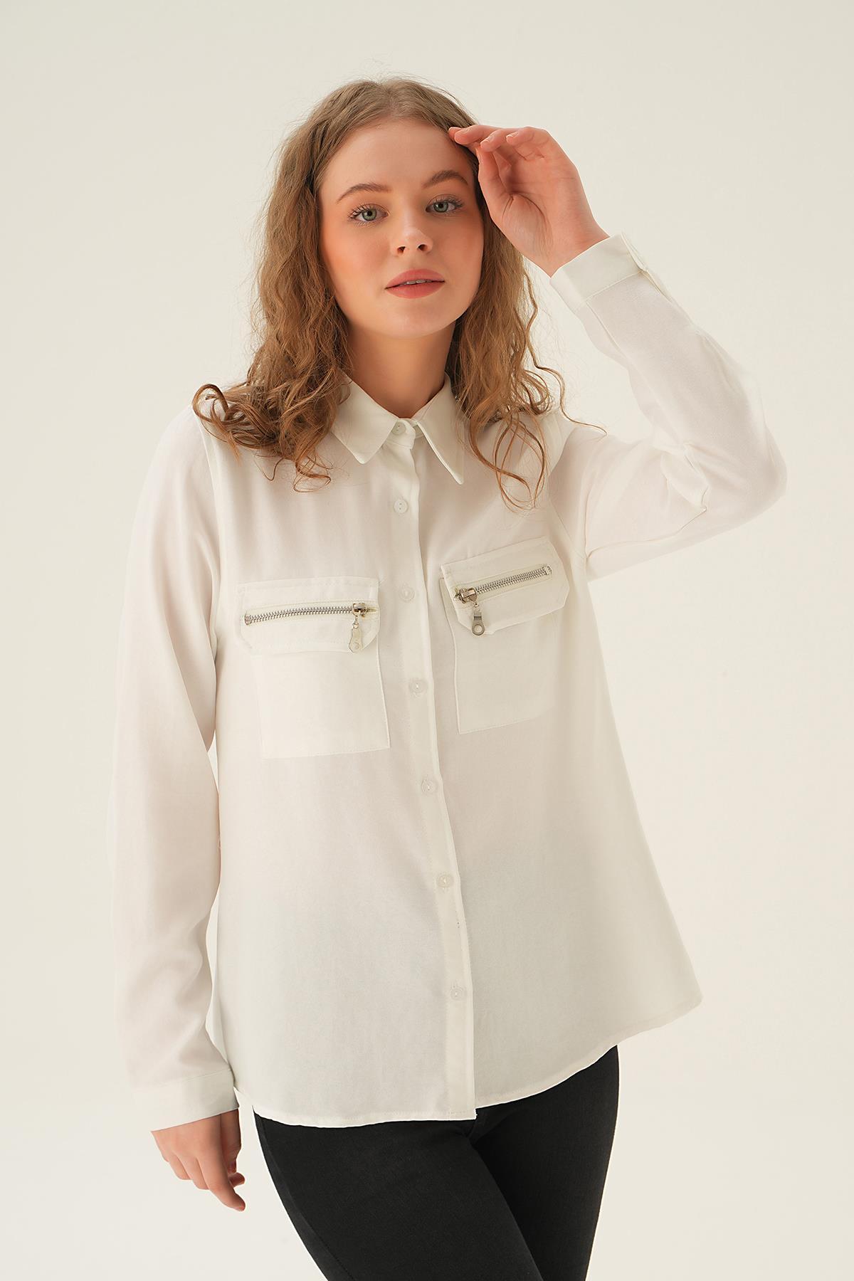26017 Cep Fermuar Detay Gömlek Krem - 1