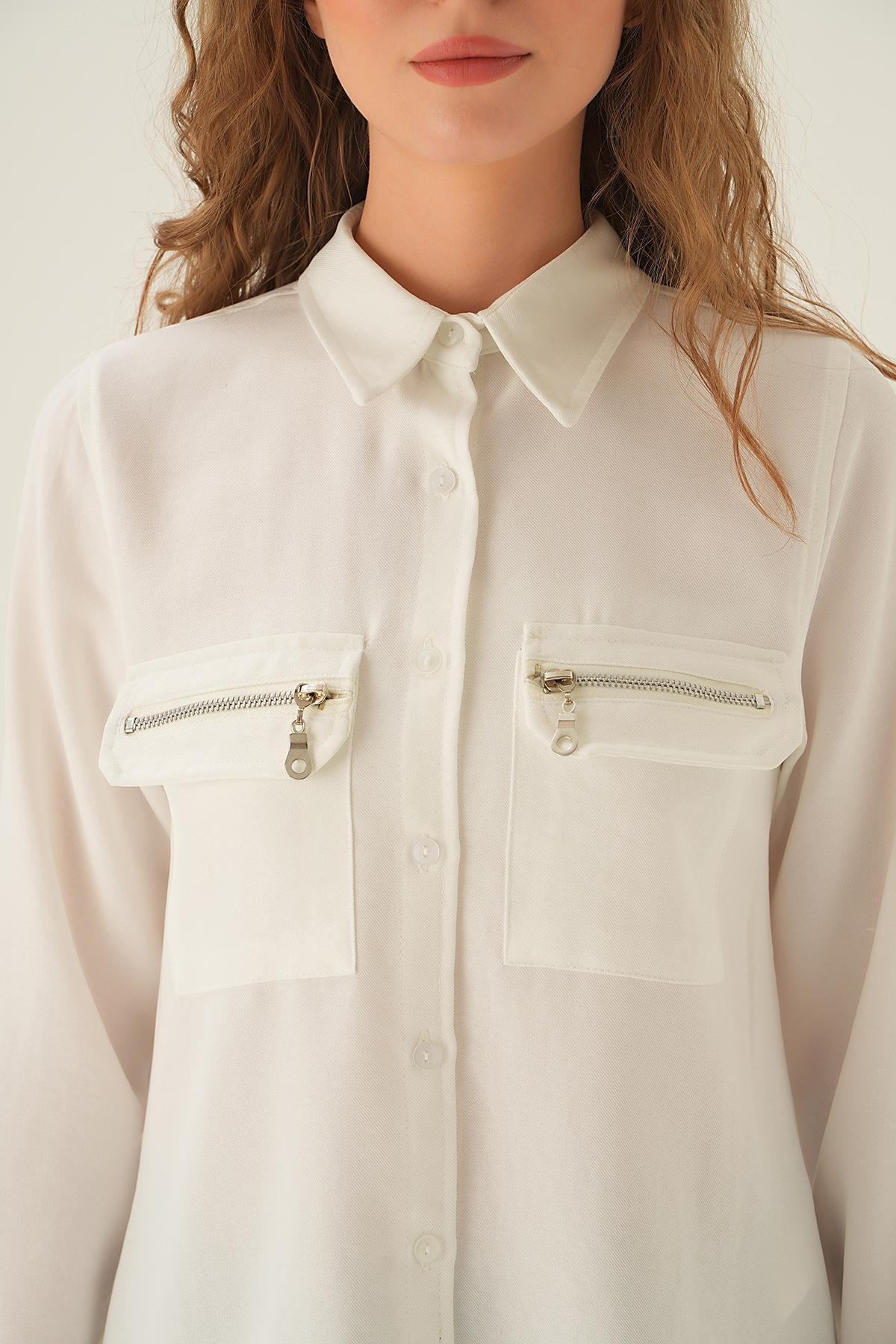 26017 Cep Fermuar Detay Gömlek Krem - 3