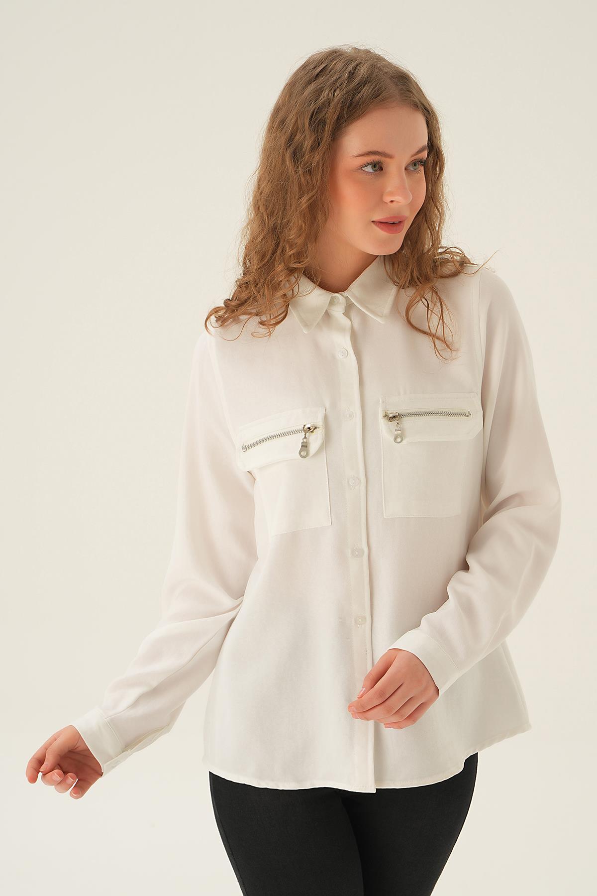 26017 Cep Fermuar Detay Gömlek Krem - 6