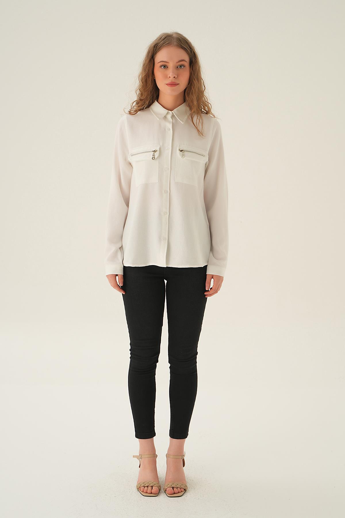 Krem Cep Fermuar Detay Gömlek 26017 - 4