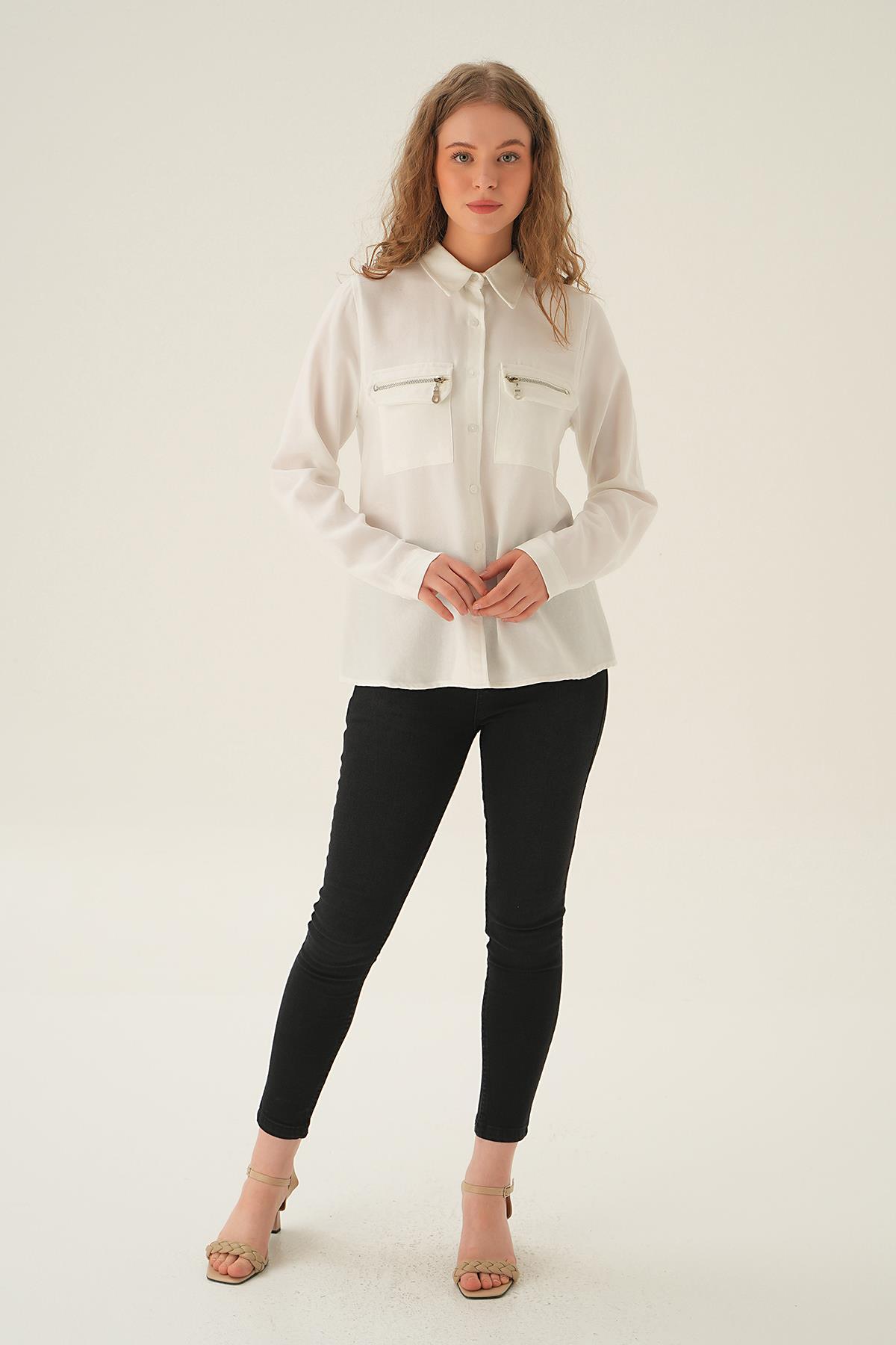 Krem Cep Fermuar Detay Gömlek 26017 - 5