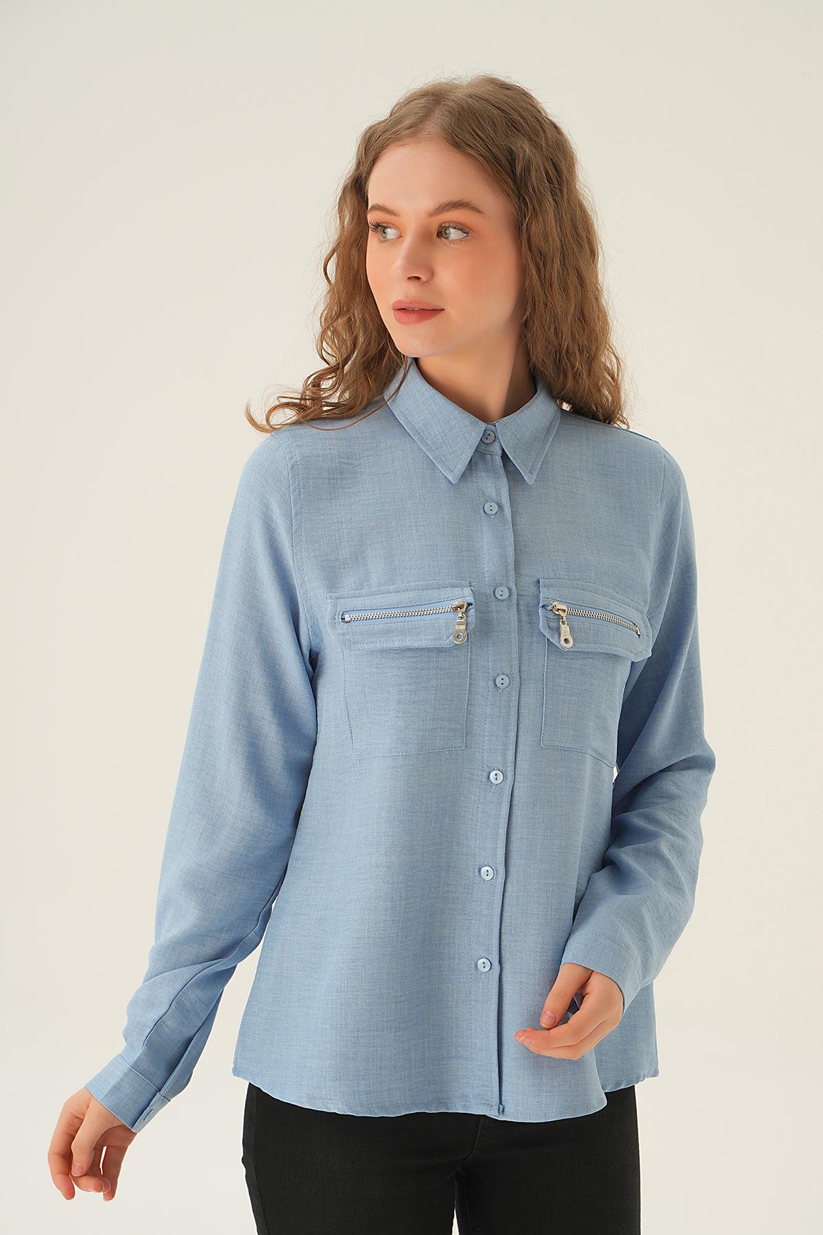26017 Cep Fermuar Detay Gömlek Mavi - 1