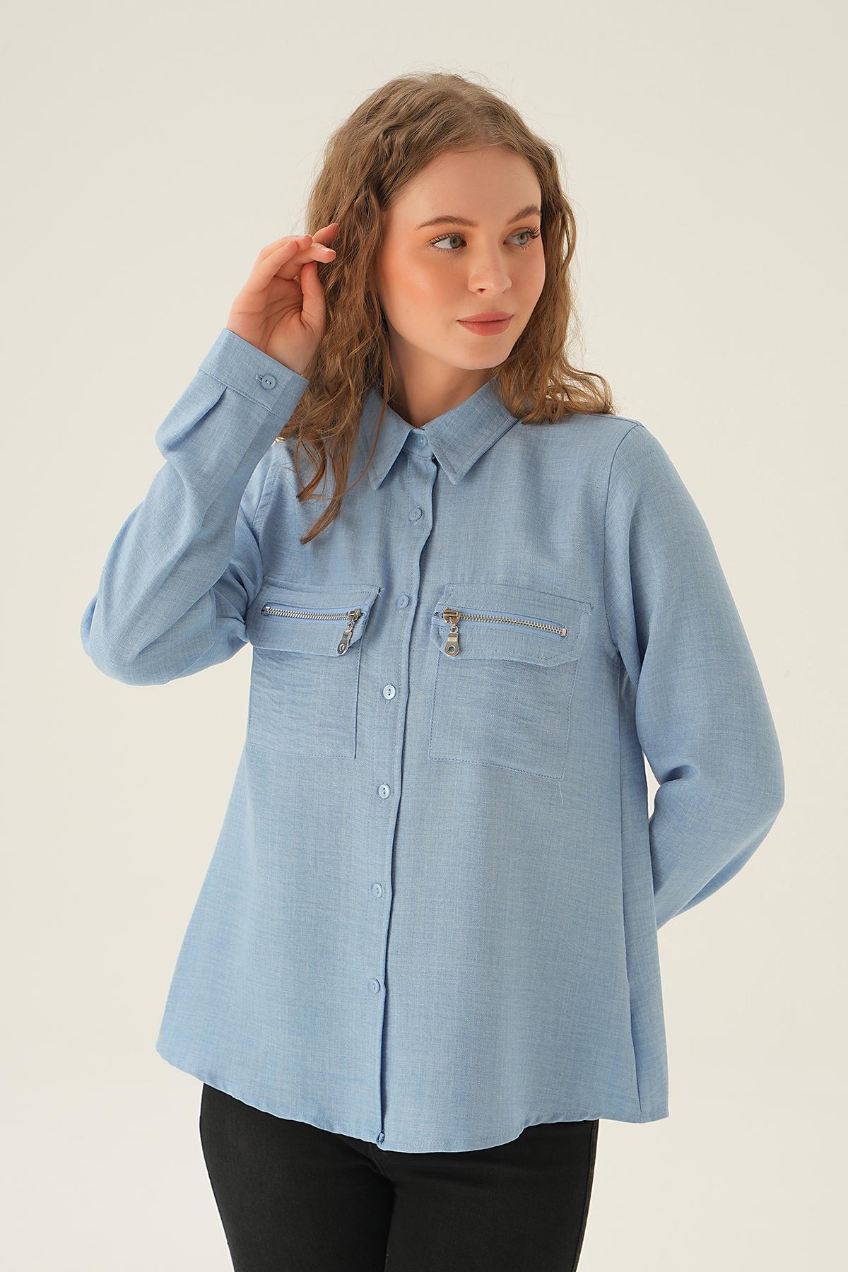 26017 Cep Fermuar Detay Gömlek Mavi - 2