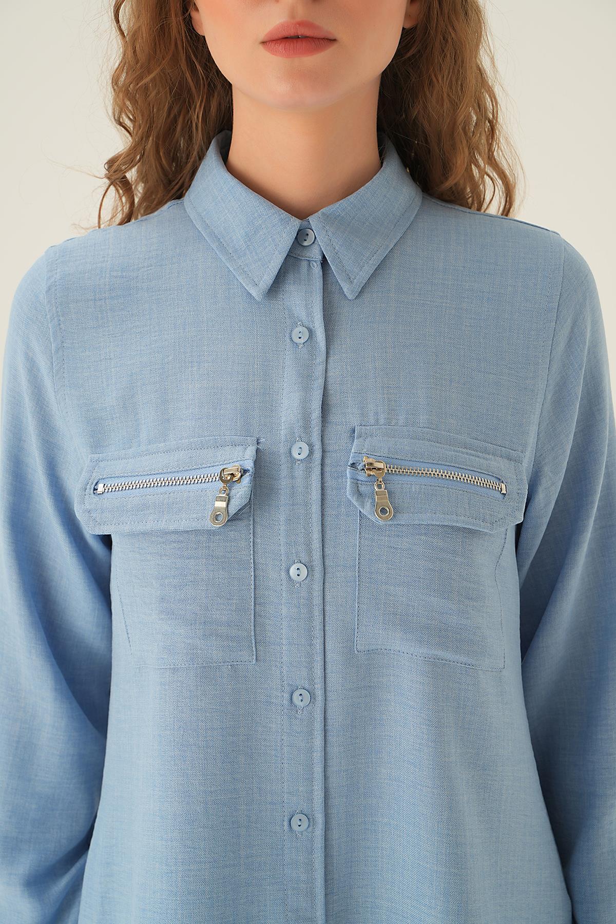 26017 Cep Fermuar Detay Gömlek Mavi - 4