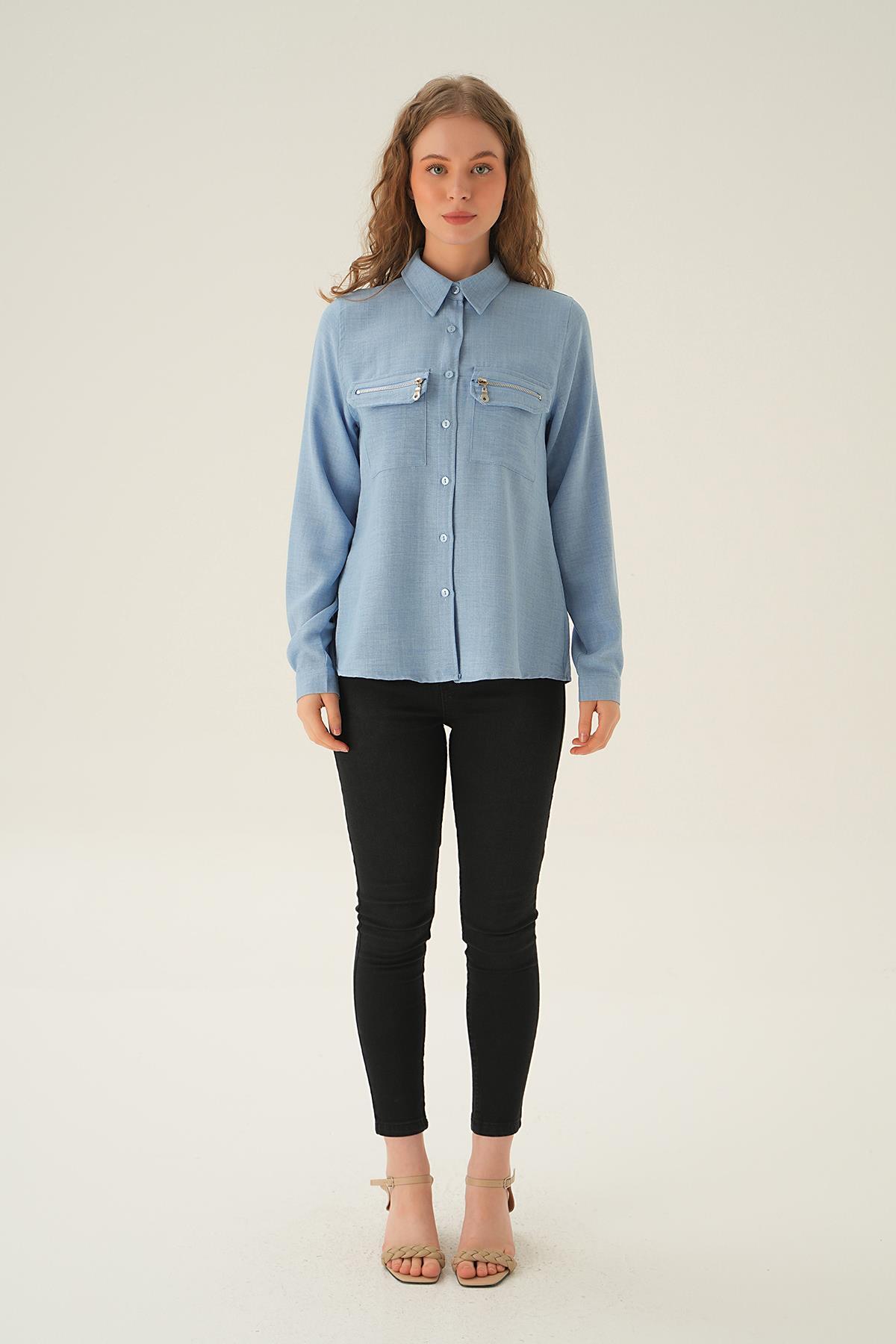 26017 Cep Fermuar Detay Gömlek Mavi - 5