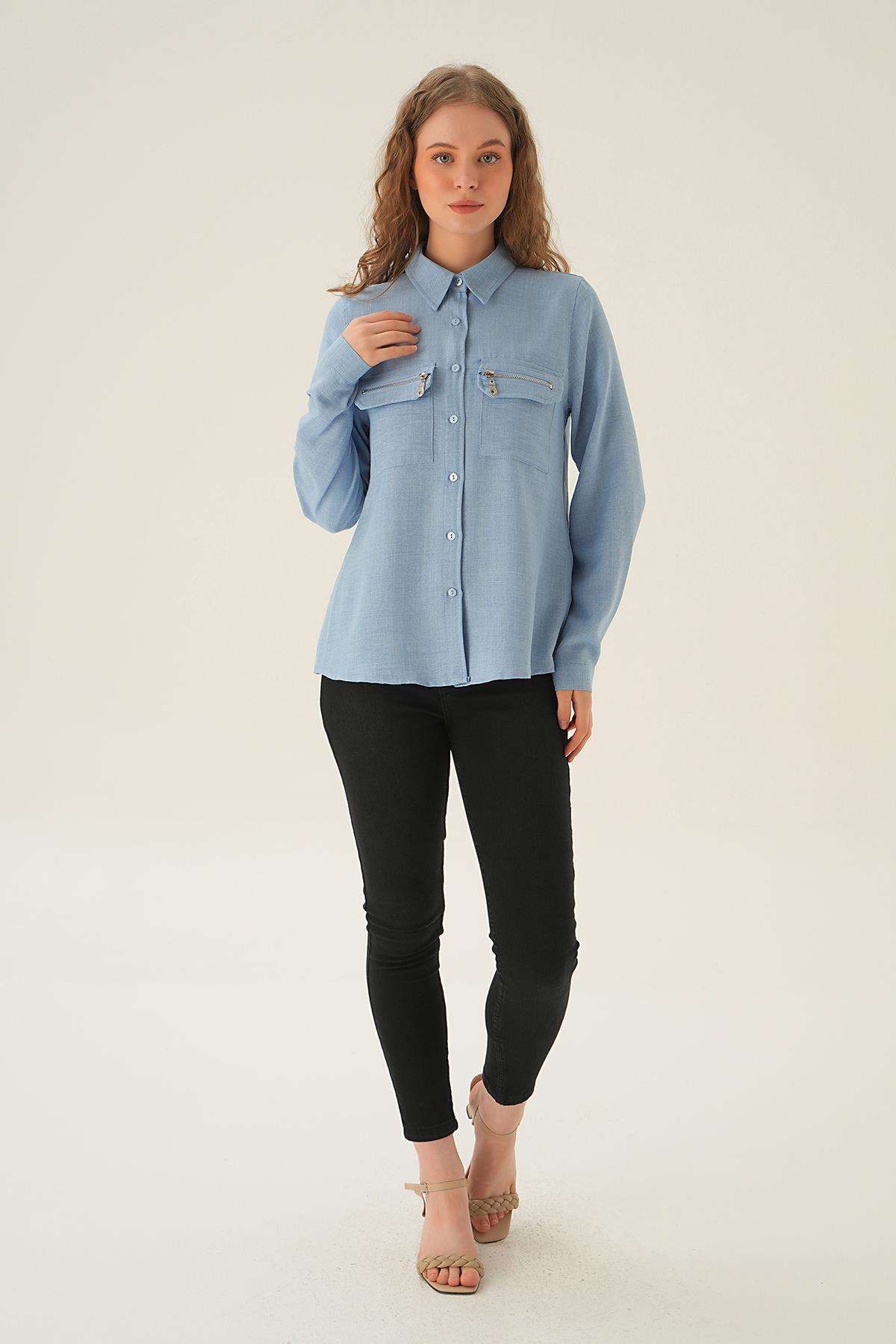 Mavi Cep Fermuar Detay Gömlek 26017 - 6
