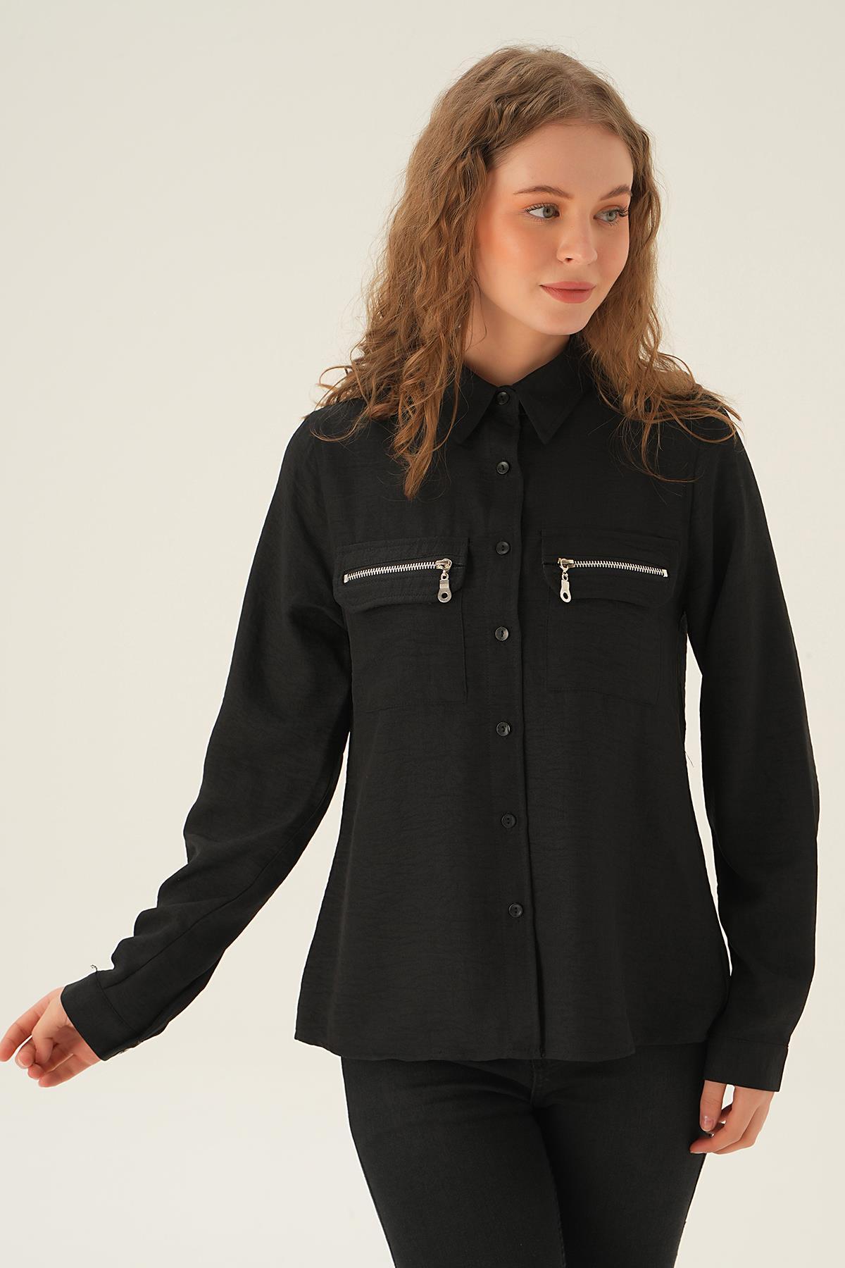 26017 Cep Fermuar Detay Gömlek Siyah - 2