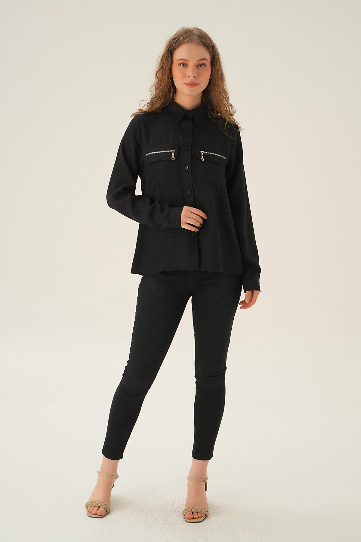 26017 Cep Fermuar Detay Gömlek Siyah - 6