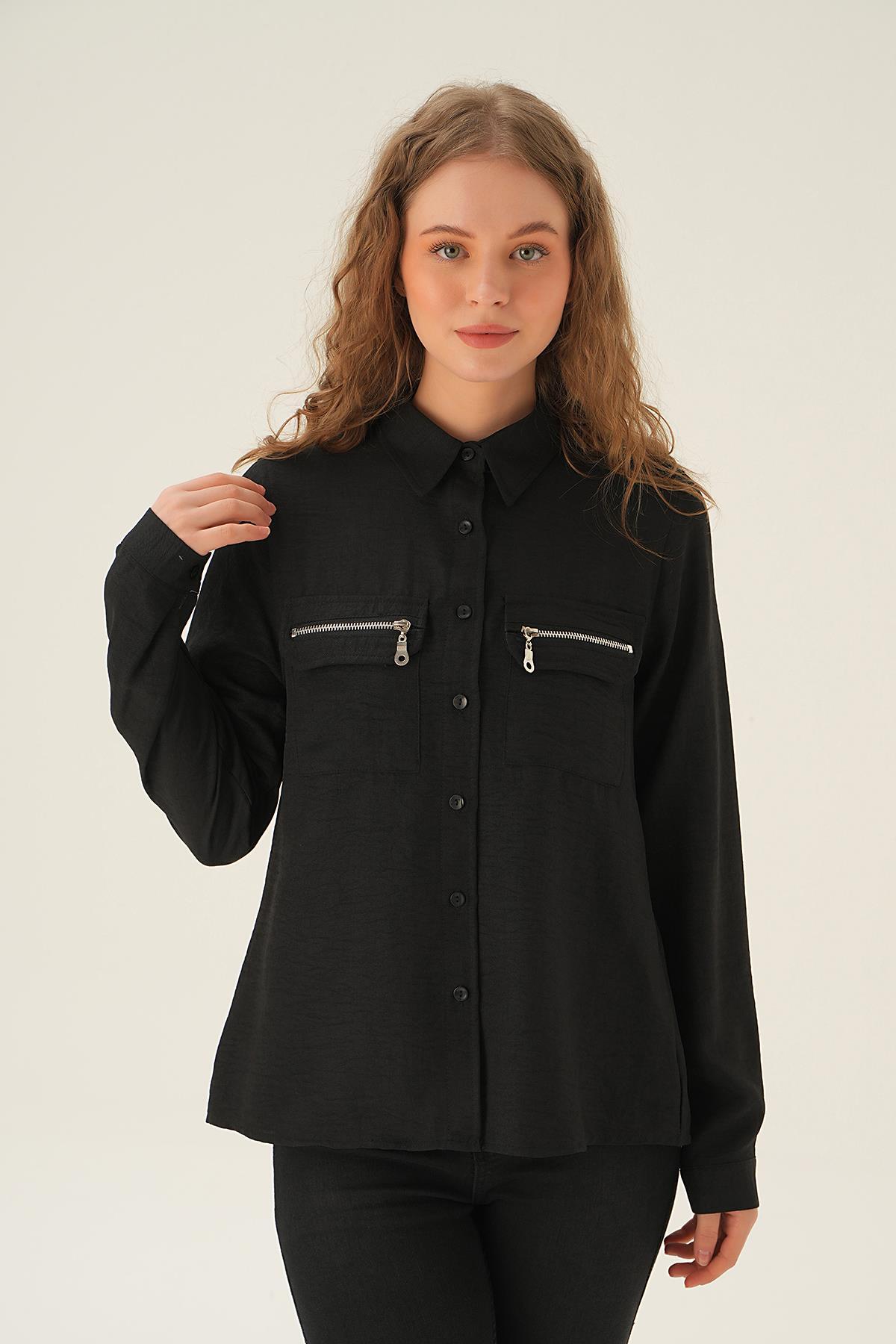 Siyah Cep Fermuar Detay Gömlek 26017 
