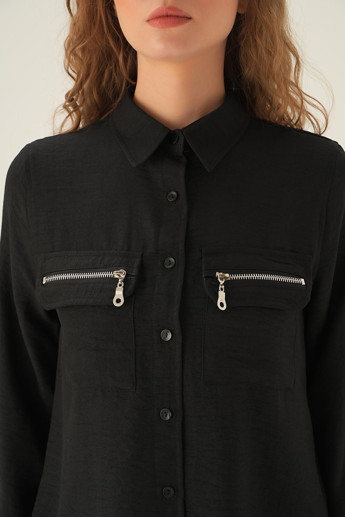 Siyah Cep Fermuar Detay Gömlek 26017 - 4
