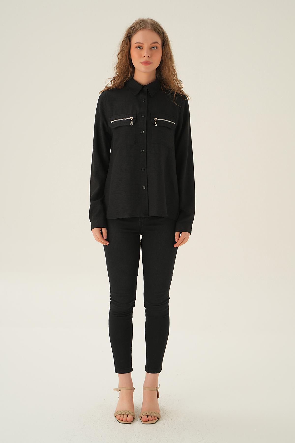 Siyah Cep Fermuar Detay Gömlek 26017 - 5