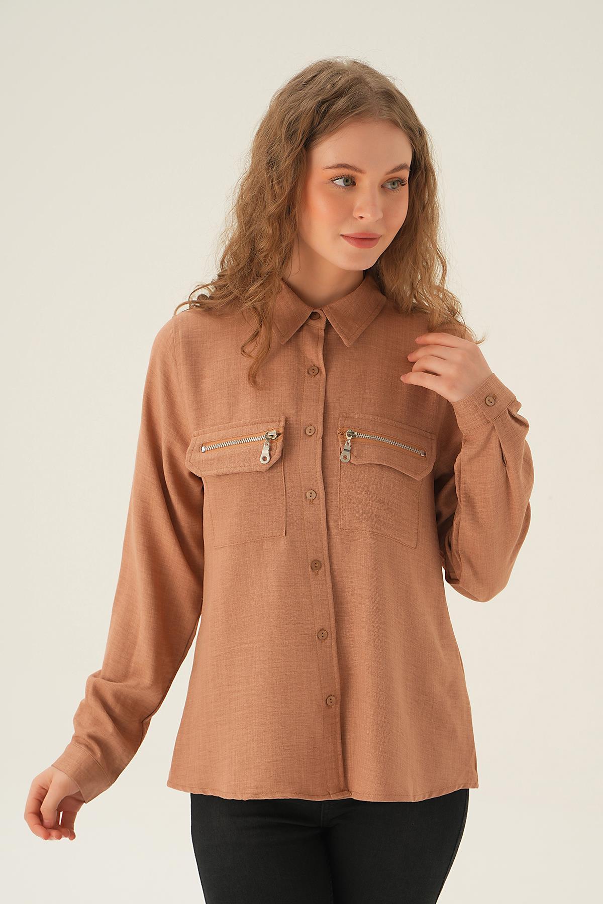 26017 Cep Fermuar Detay Gömlek Vizon - 2