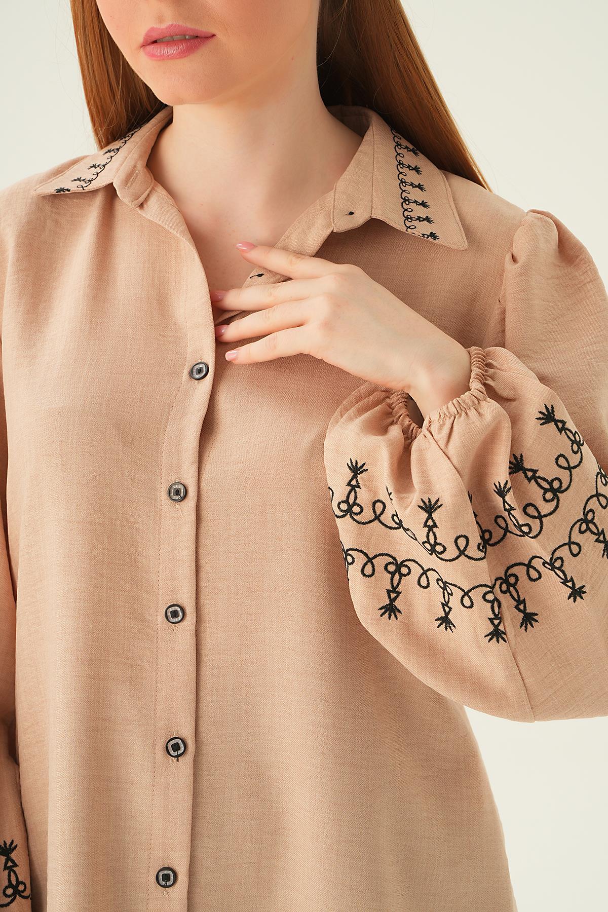 26024 Balon Kol Nakış Detay Tunik Bej - 2