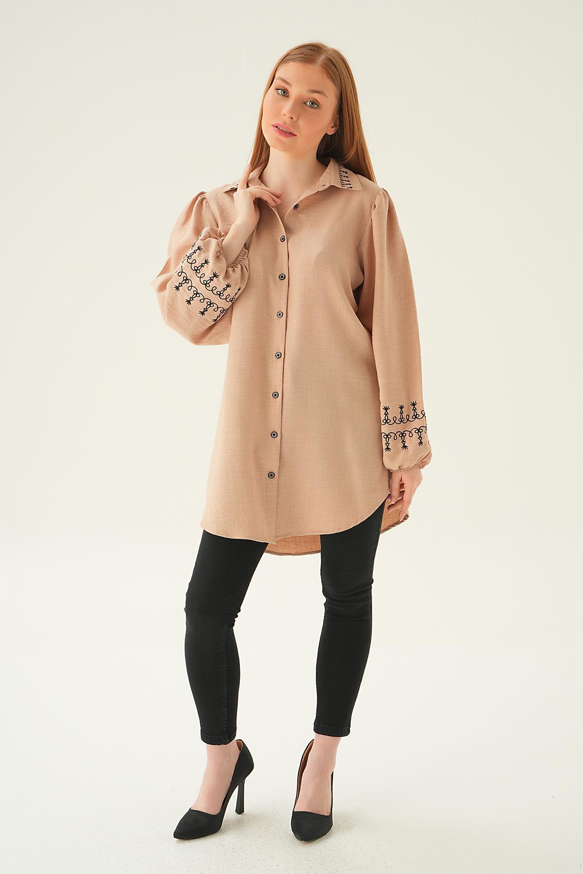 26024 Balon Kol Nakış Detay Tunik Bej - 3