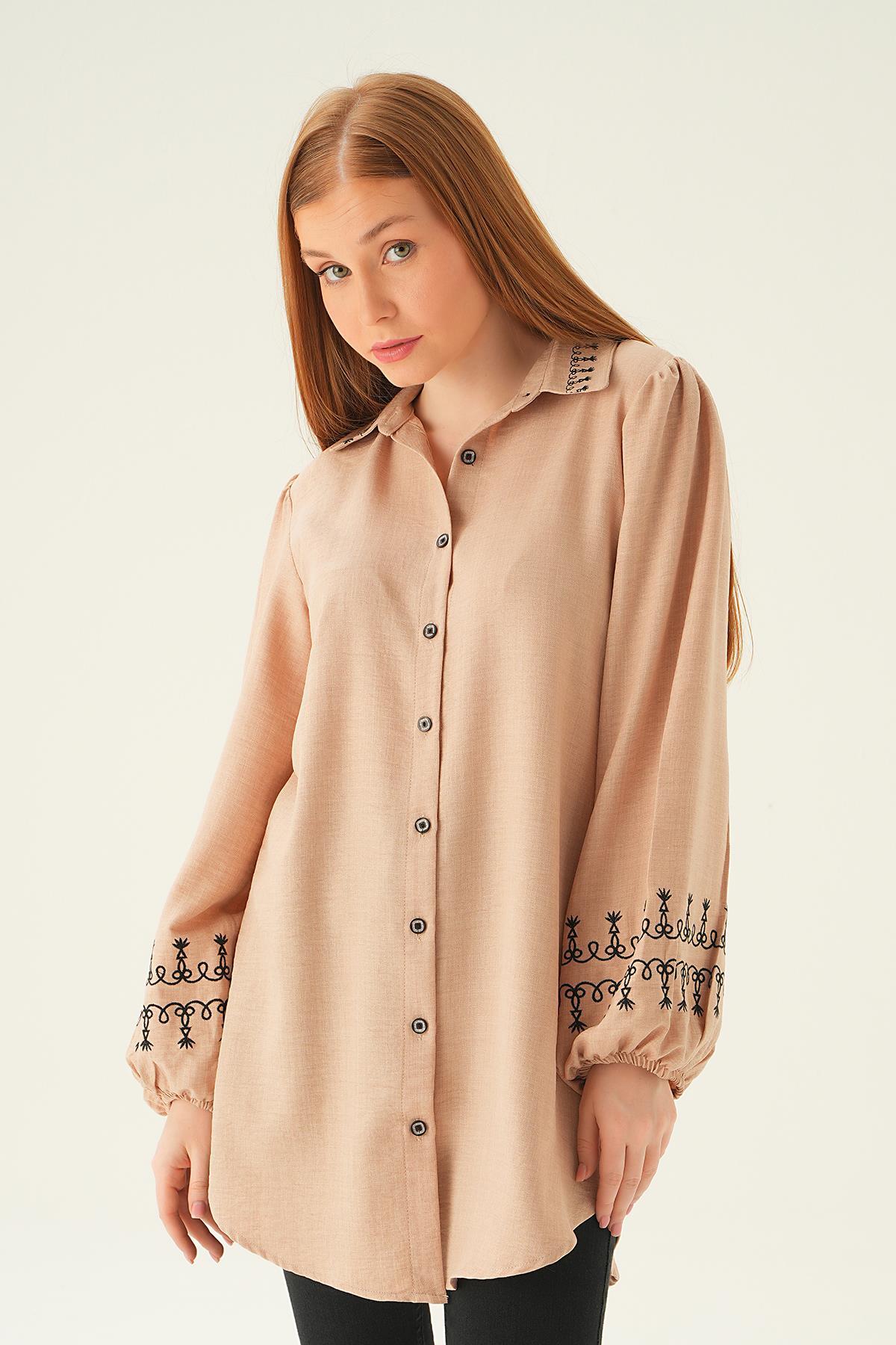 26024 Balon Kol Nakış Detay Tunik Bej - 5