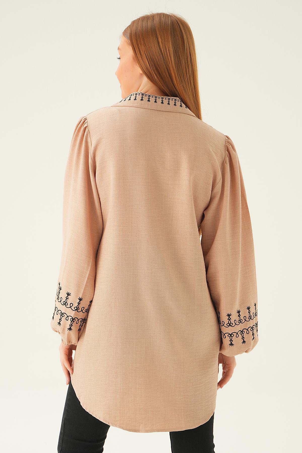 26024 Balon Kol Nakış Detay Tunik Bej - 6