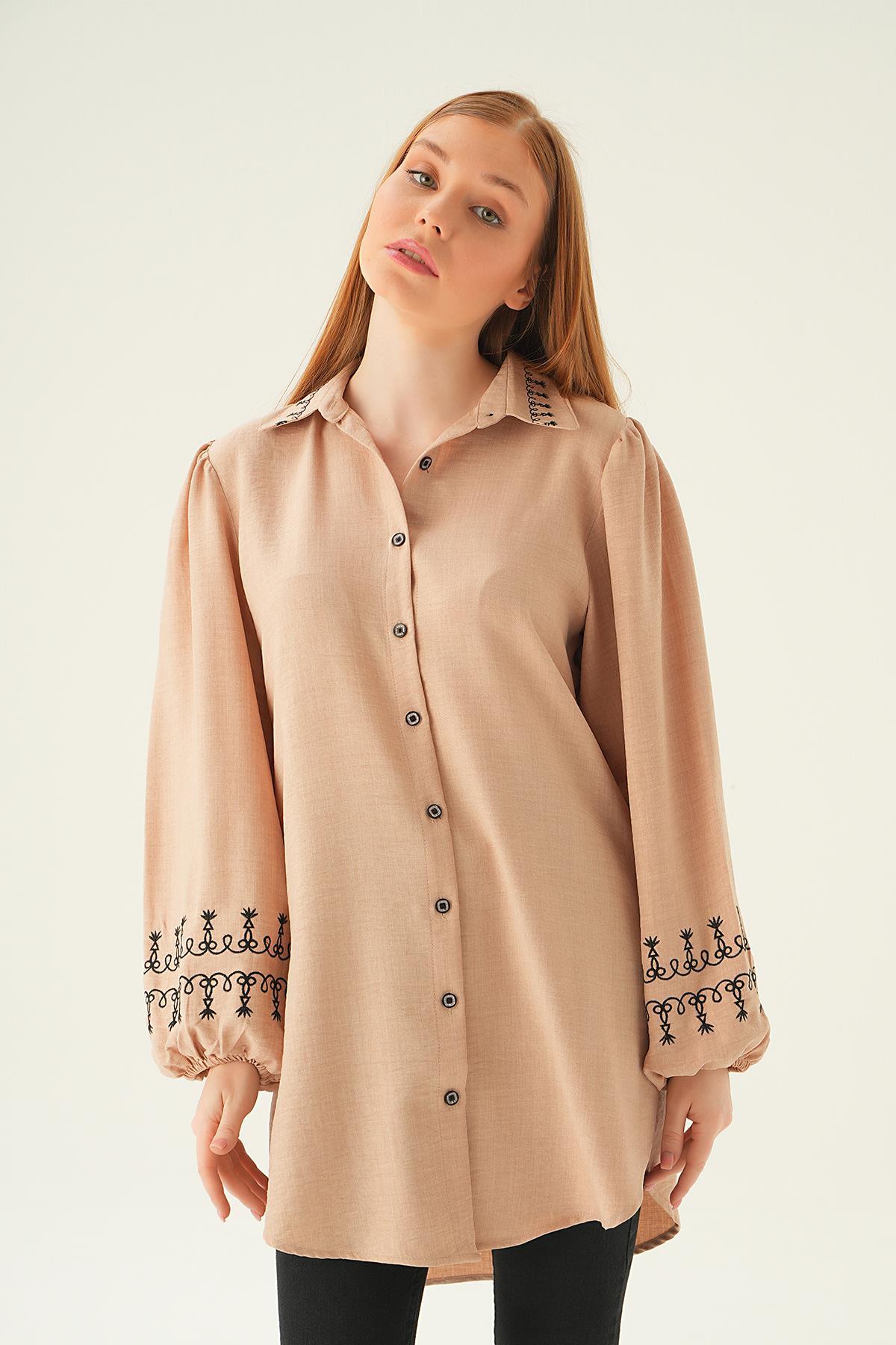 Bej Balon Kol Nakış Detay Tunik 26024 