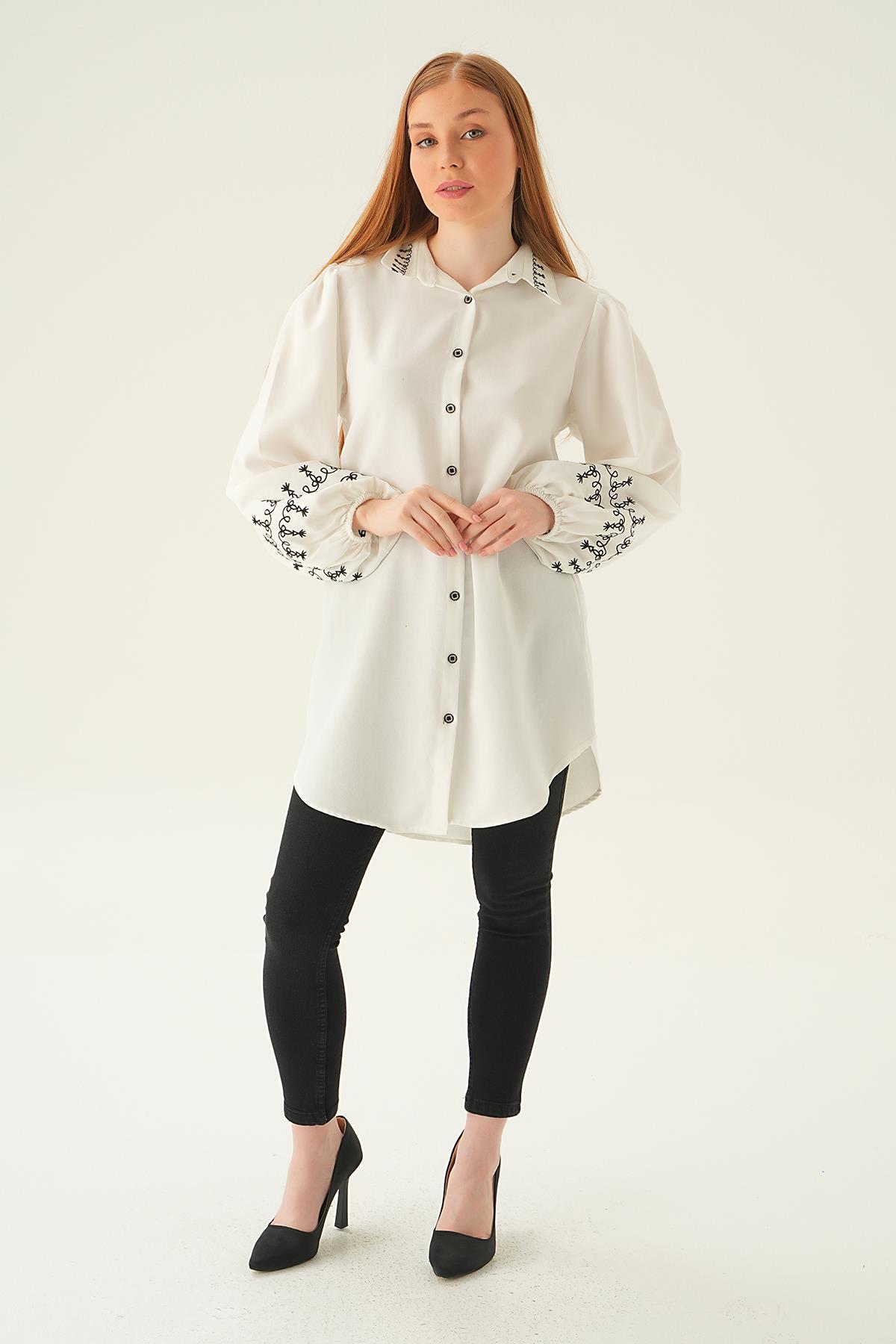 26024 Balon Kol Nakış Detay Tunik Krem - 4