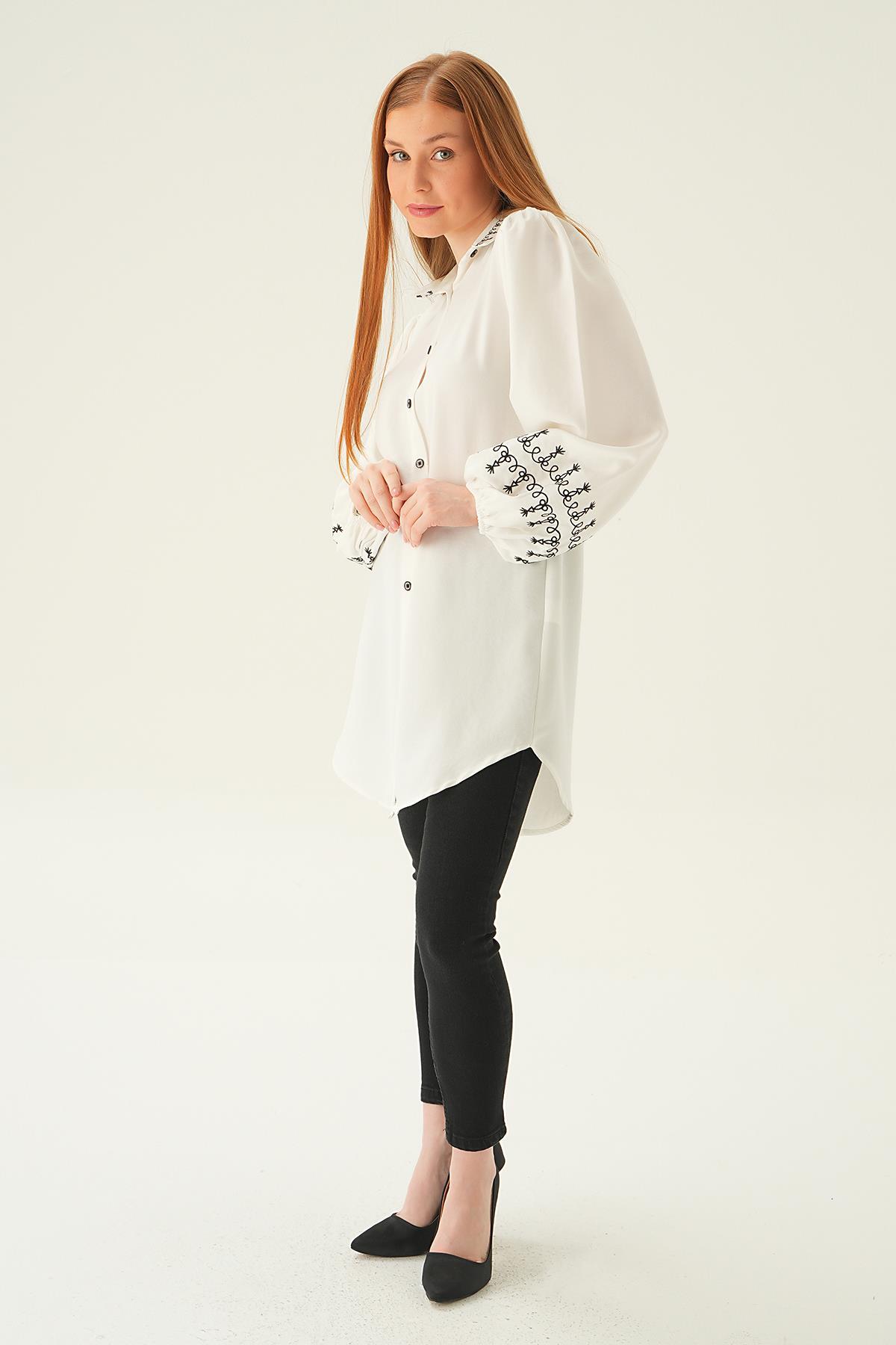 26024 Balon Kol Nakış Detay Tunik Krem - 5