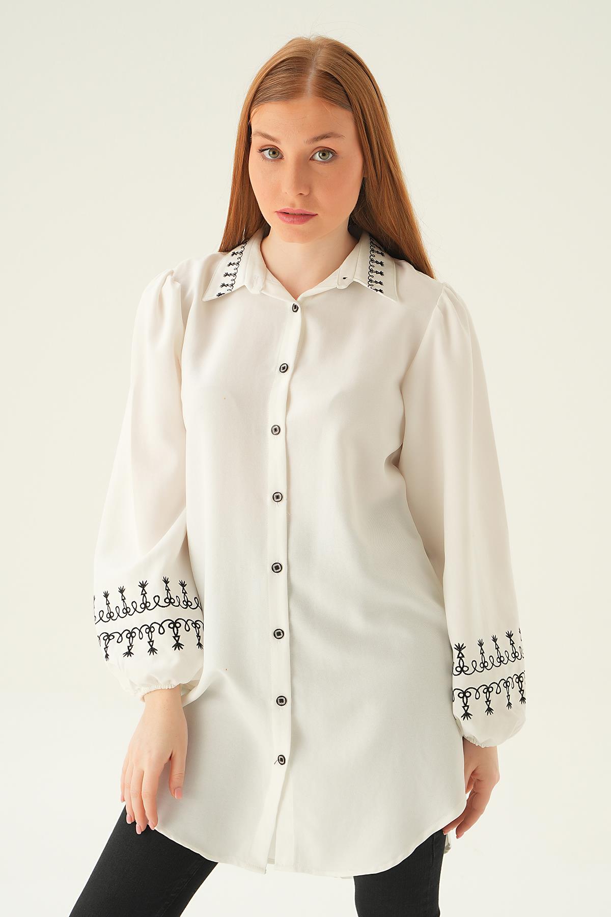 Krem Balon Kol Nakış Detay Tunik 26024 - 1