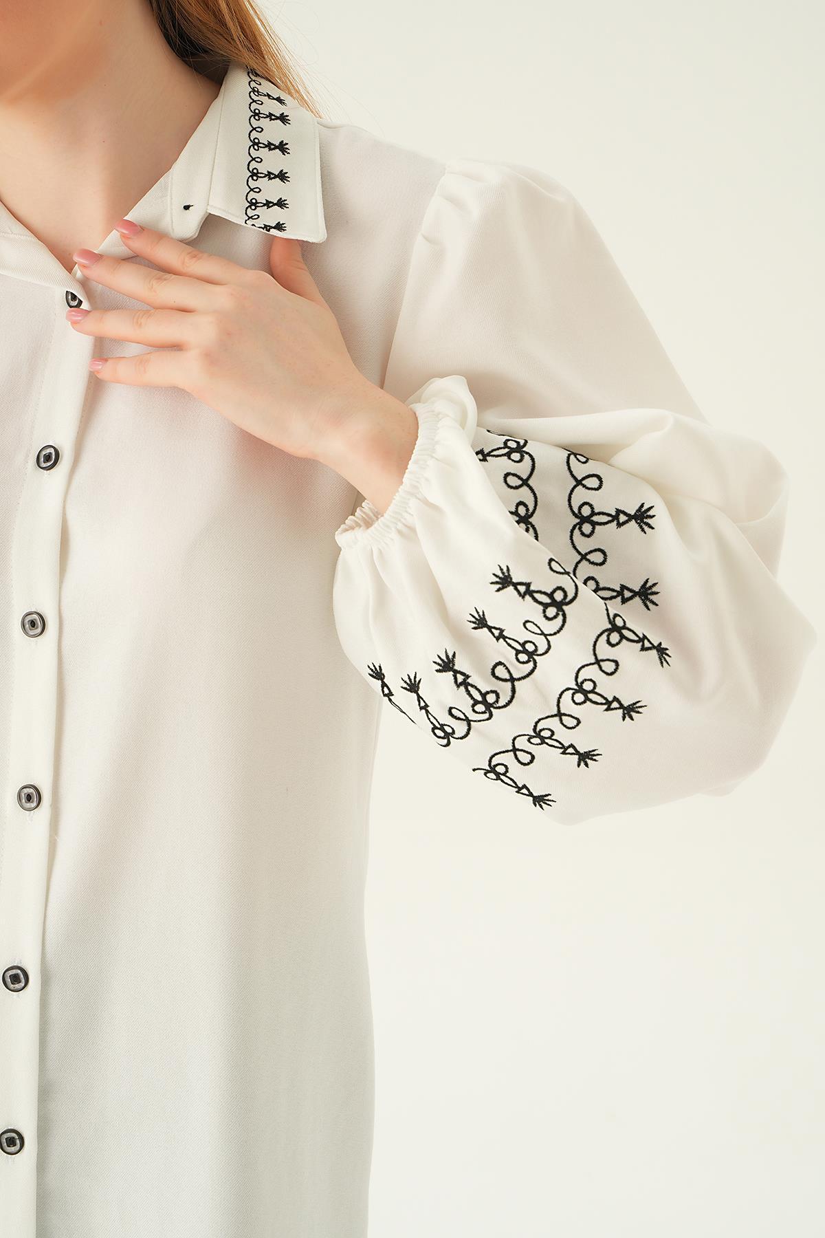 Krem Balon Kol Nakış Detay Tunik 26024 - 2