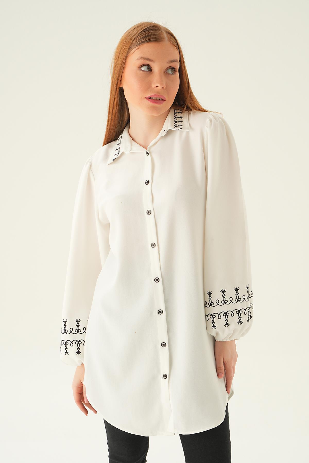 Krem Balon Kol Nakış Detay Tunik 26024 - 3