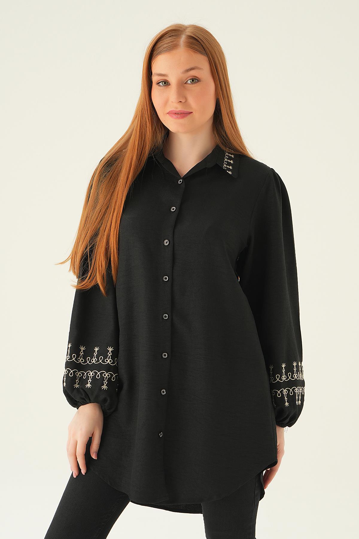 26024 Balon Kol Nakış Detay Tunik Siyah - 2