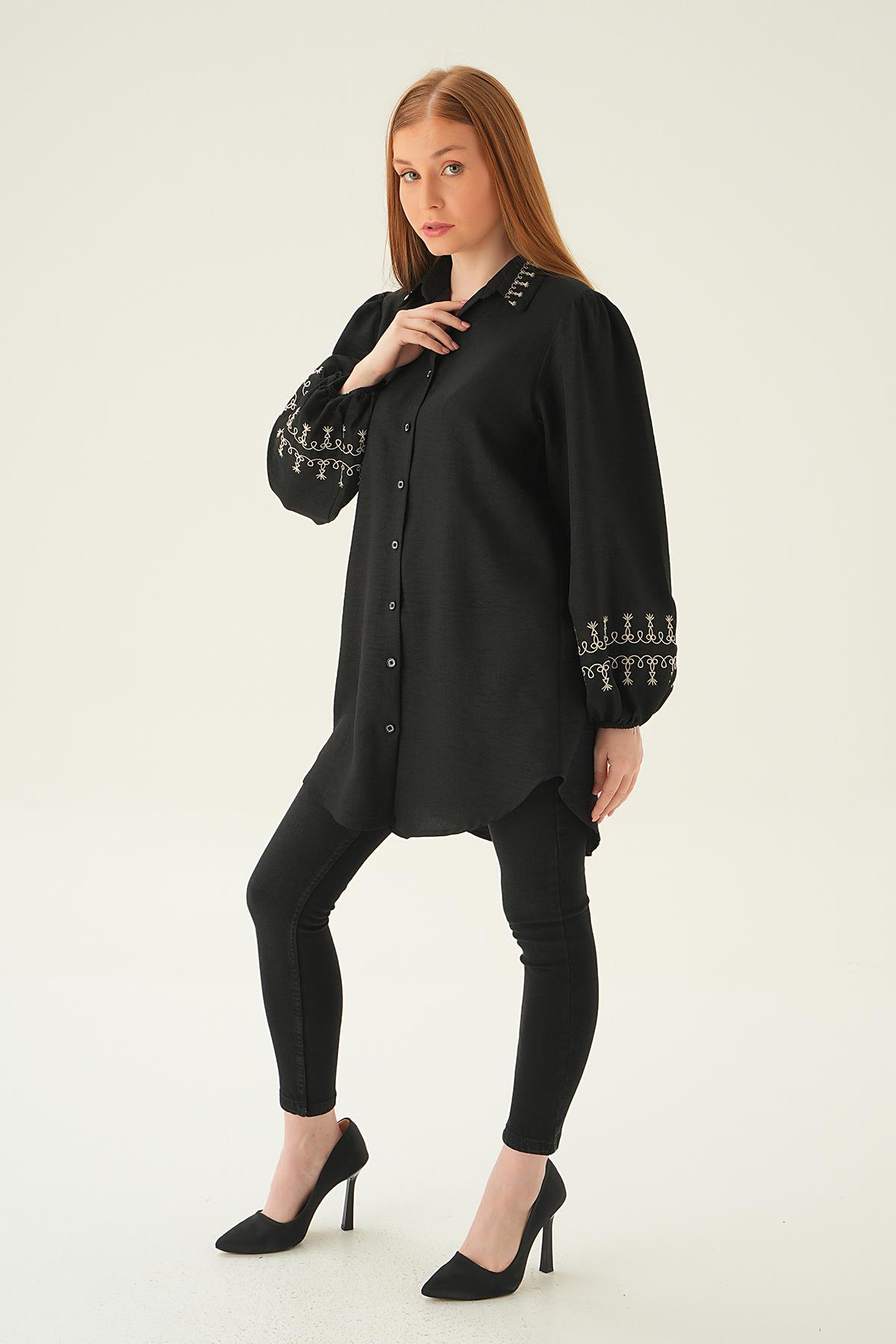26024 Balon Kol Nakış Detay Tunik Siyah - 6