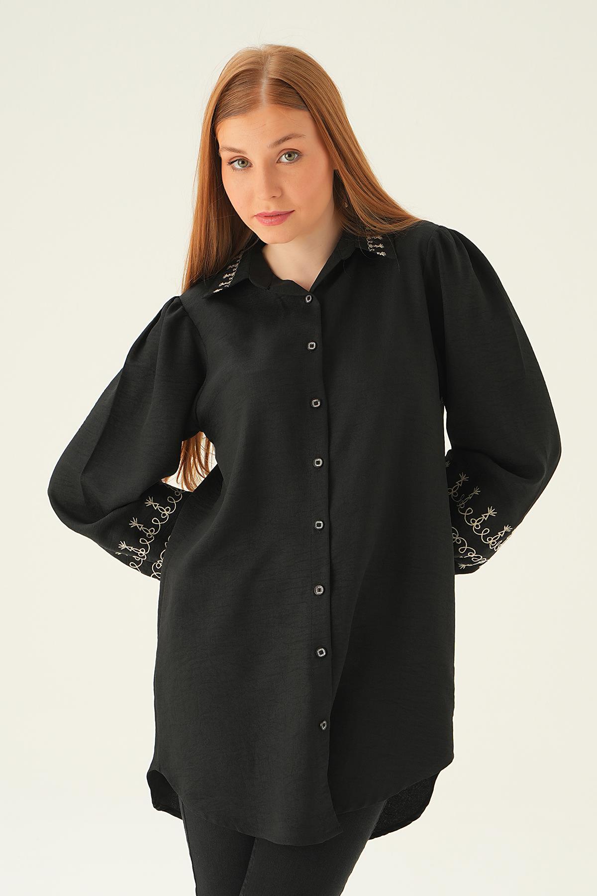 Siyah Balon Kol Nakış Detay Tunik 26024 - 3