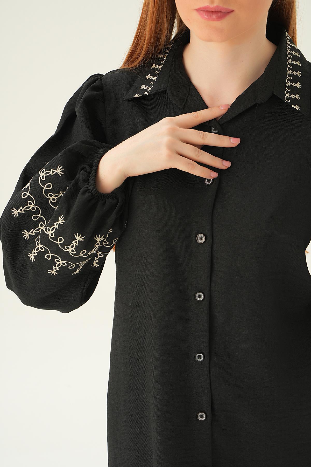 Siyah Balon Kol Nakış Detay Tunik 26024 - 5