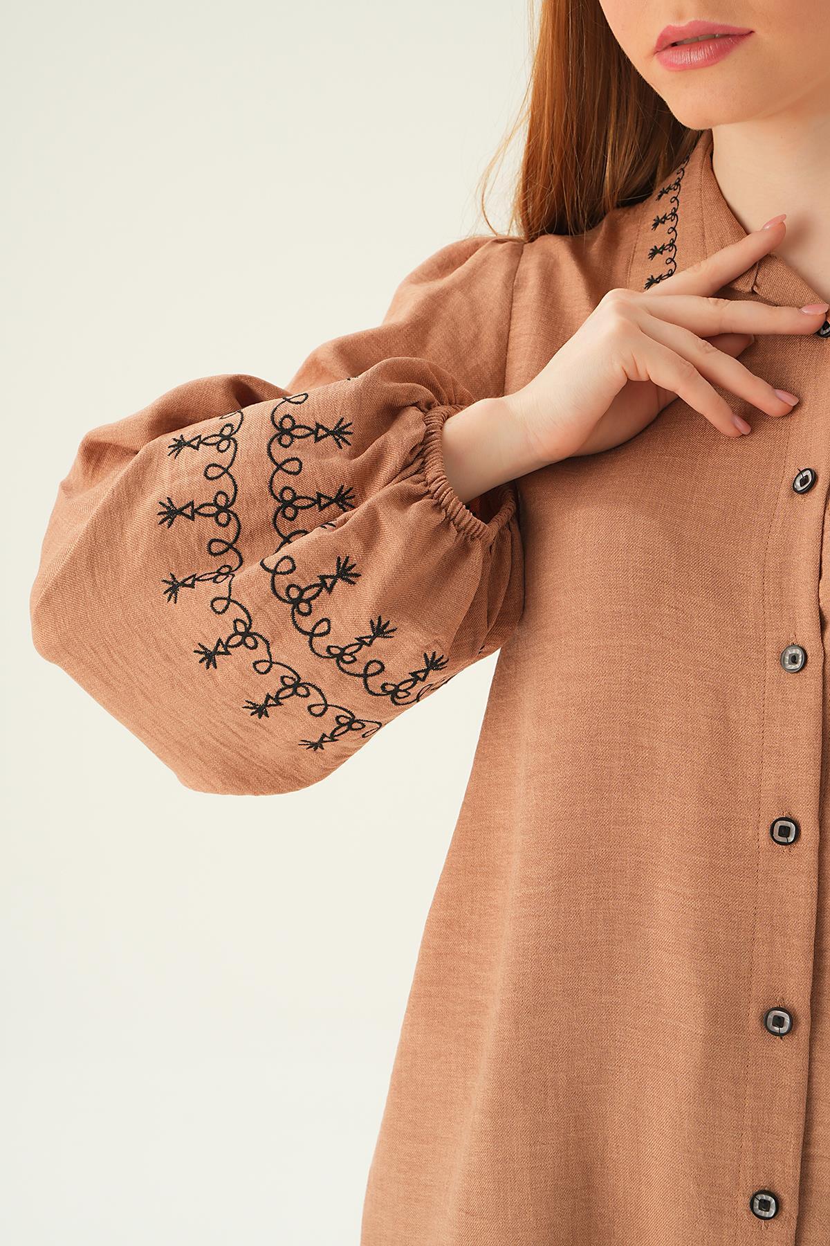 26024 Balon Kol Nakış Detay Tunik Vizon - 2